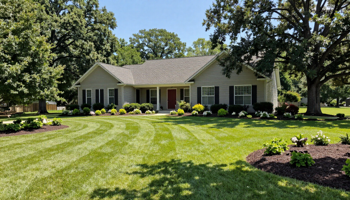 Freshly mowed green lawn with crisp stripes and edged garden beds in Perryville, AR