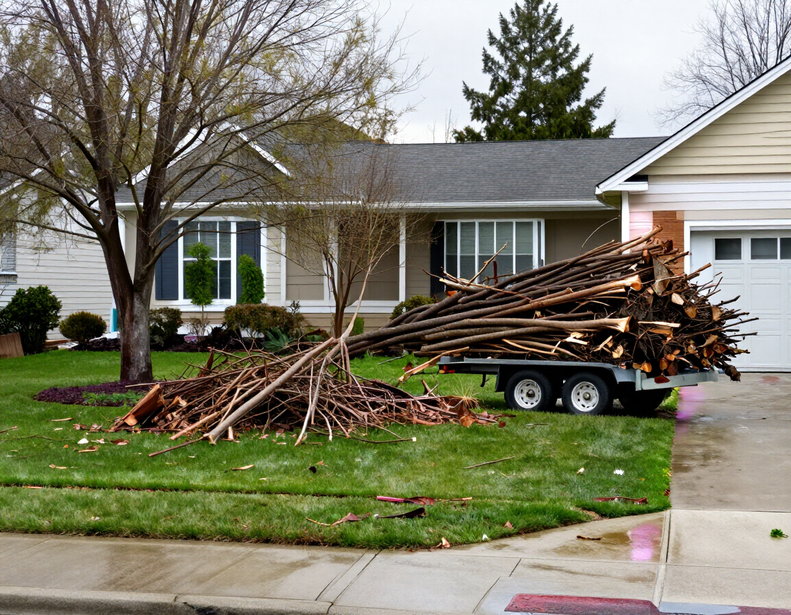 Property cleared of storm debris with branches loaded on a trailer