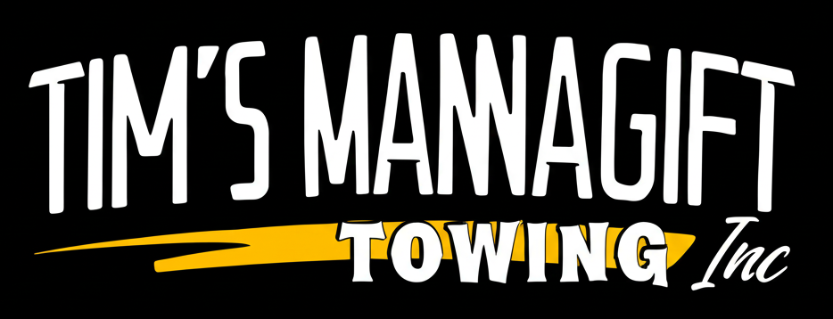 Logo of "Tim's Mannagift Towing Inc," white text on black. Yellow streak underlines "Towing."