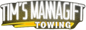 Tim's Managift Towing logo, white text on yellow and black background, with a yellow lightning bolt.