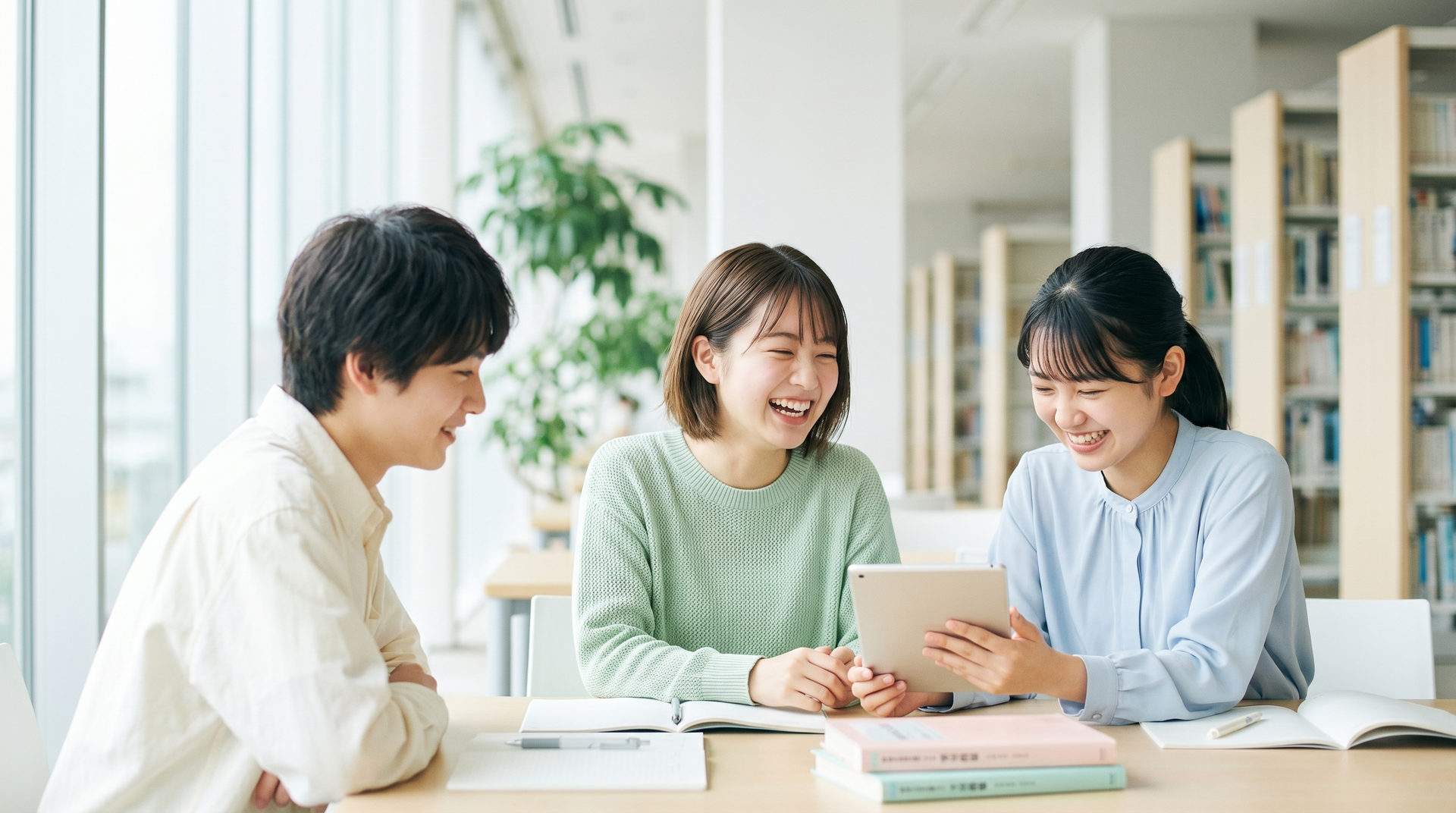 3 students laughing and learning together