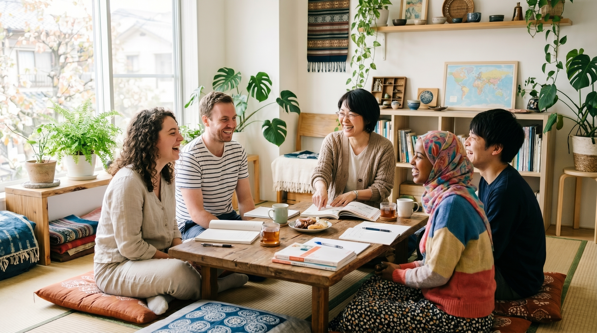 One Teacher having a language lesson with four Students