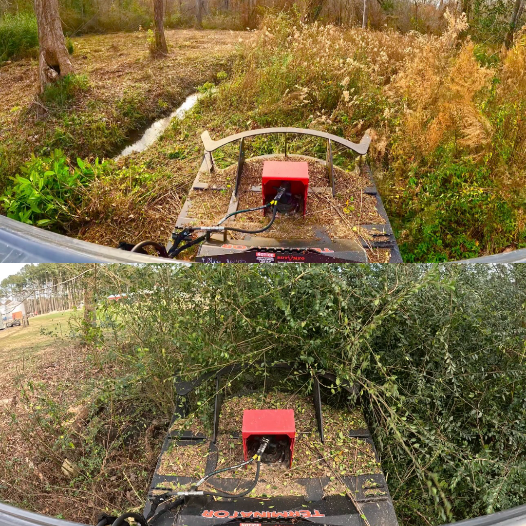 Before-and-after view from a brush mower showing clearing of dense green vegetation and weeds in an outdoor area.