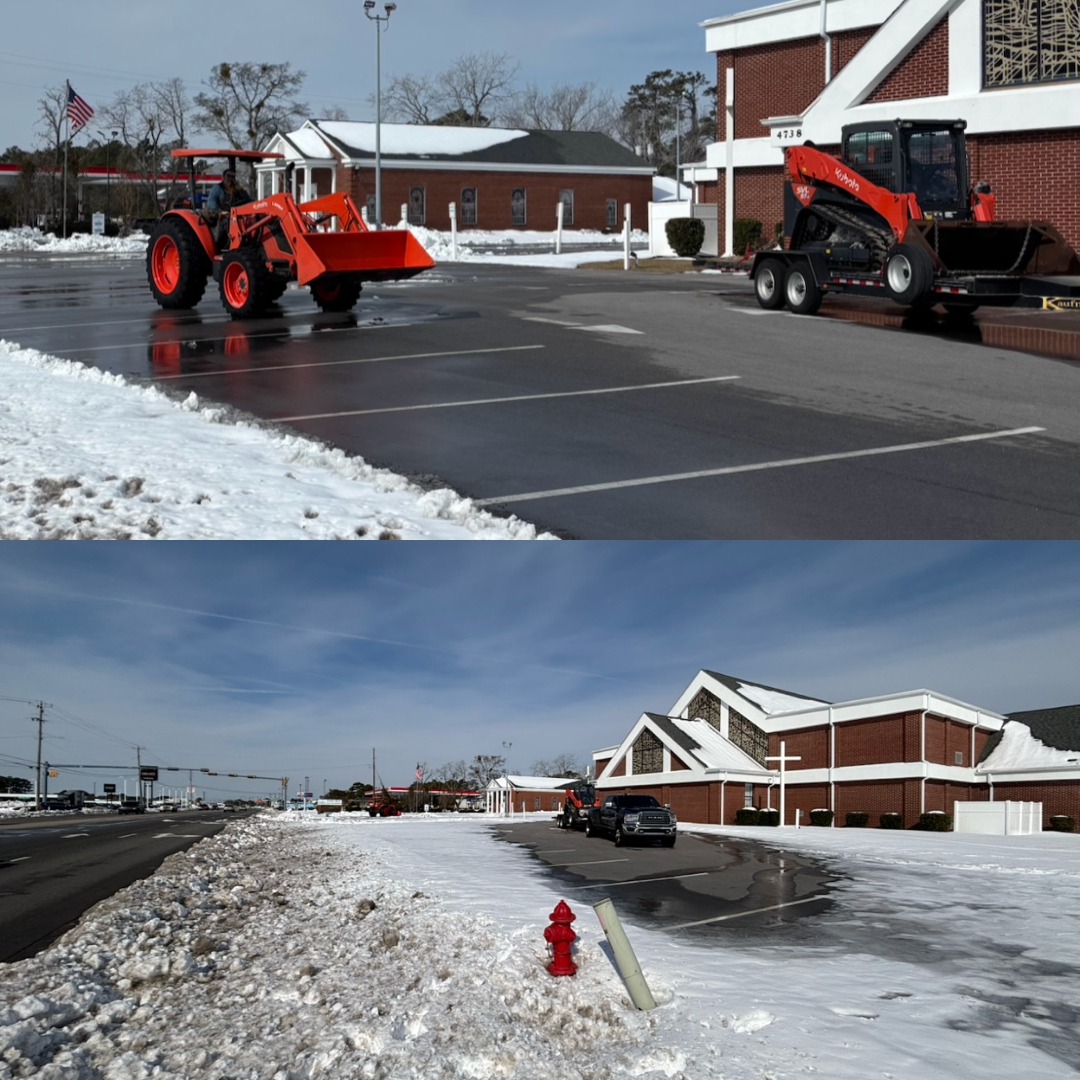 Two views of a snow-covered parking lot with an orange tractor and a skid steer parked in front of a brick church.