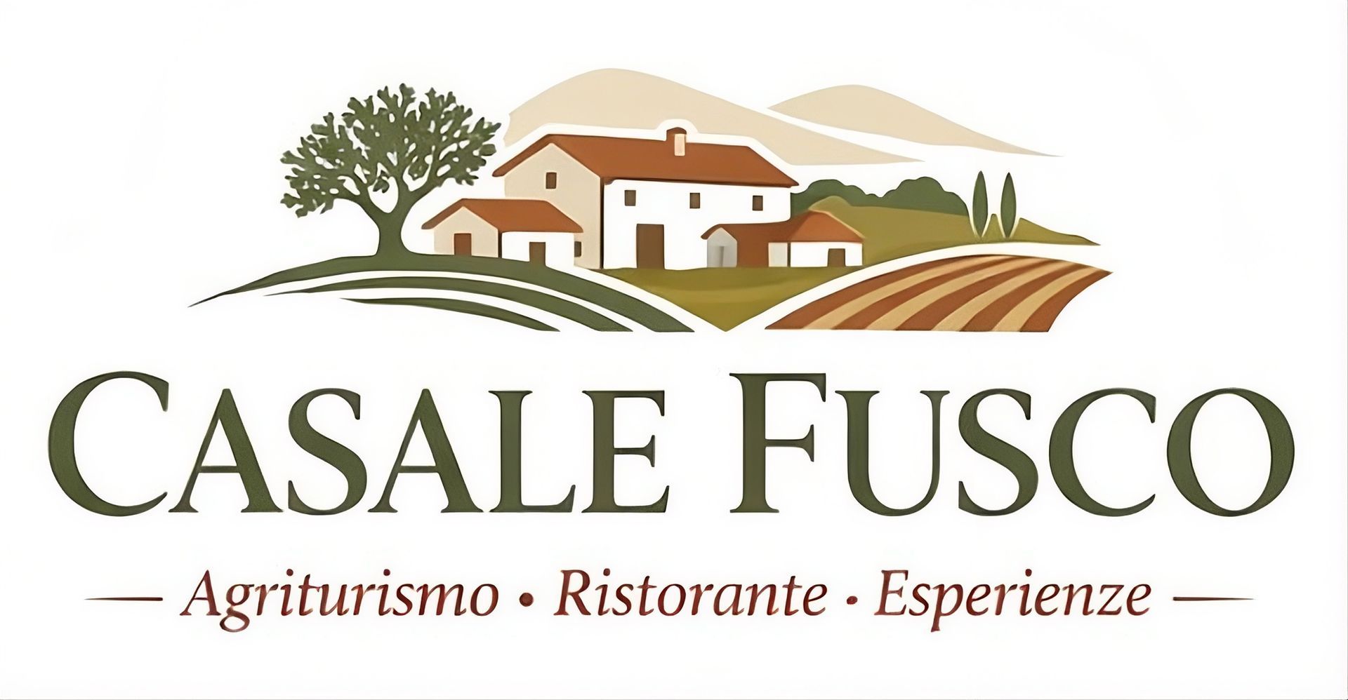 Logo per Casale Fusco: scena rurale con edifici, alberi, campi e testo 