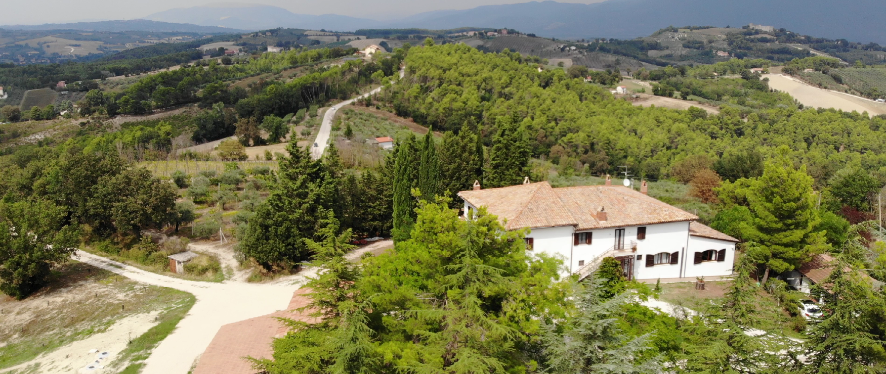 Casa bianca con tetto di tegole su una collina verde con una strada tortuosa.