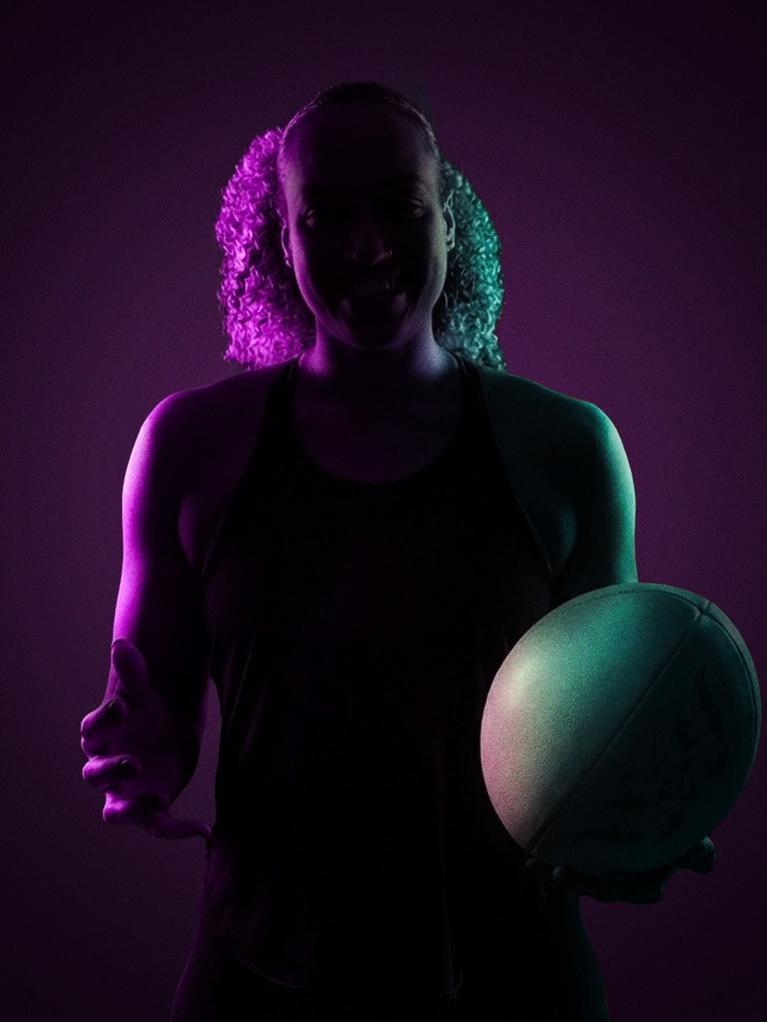 Silhouetted person holding a ball, lit in purple and teal against a dark background