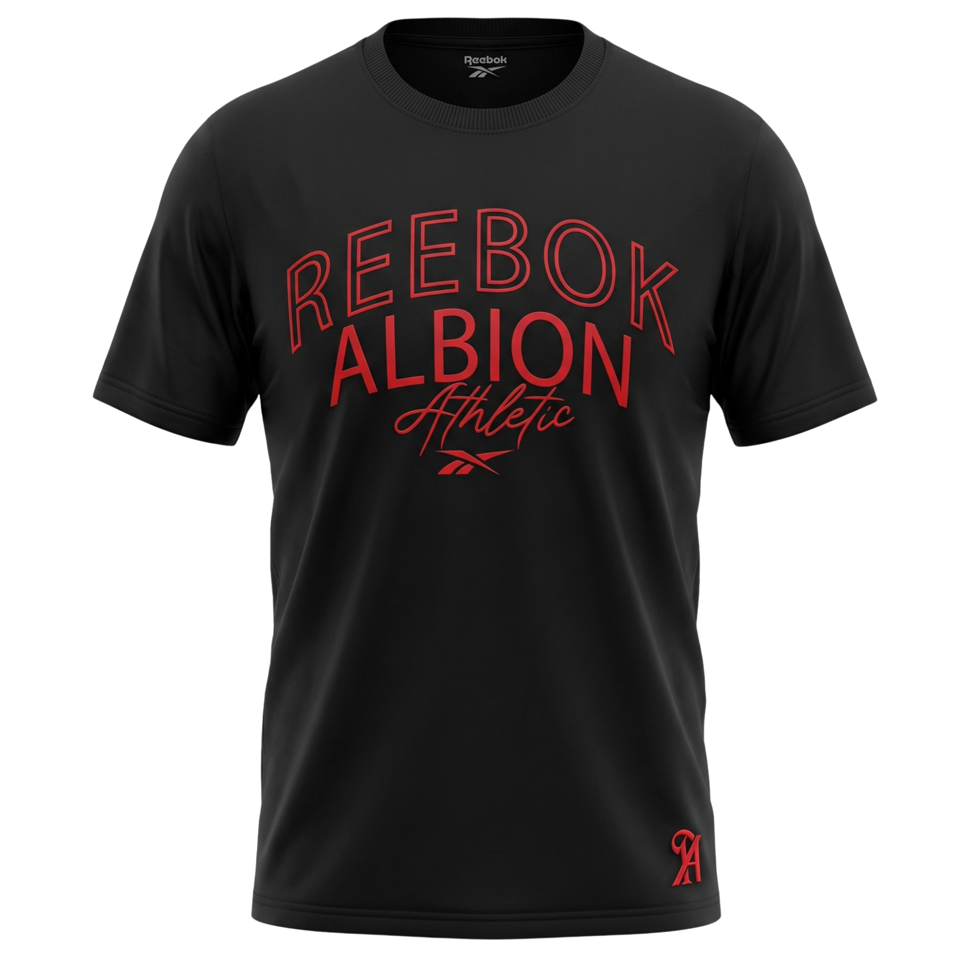 Black Reebok Albion Athletic T-shirt with red lettering and small logo on the hem