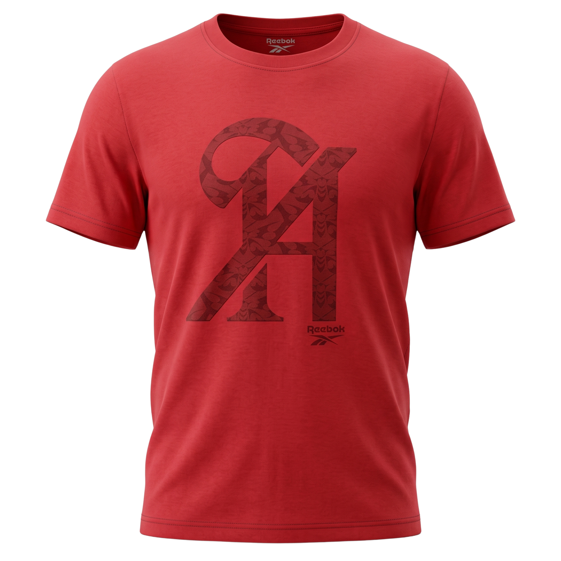 Red graphic T-shirt with a large dark logo on the chest, isolated on white background