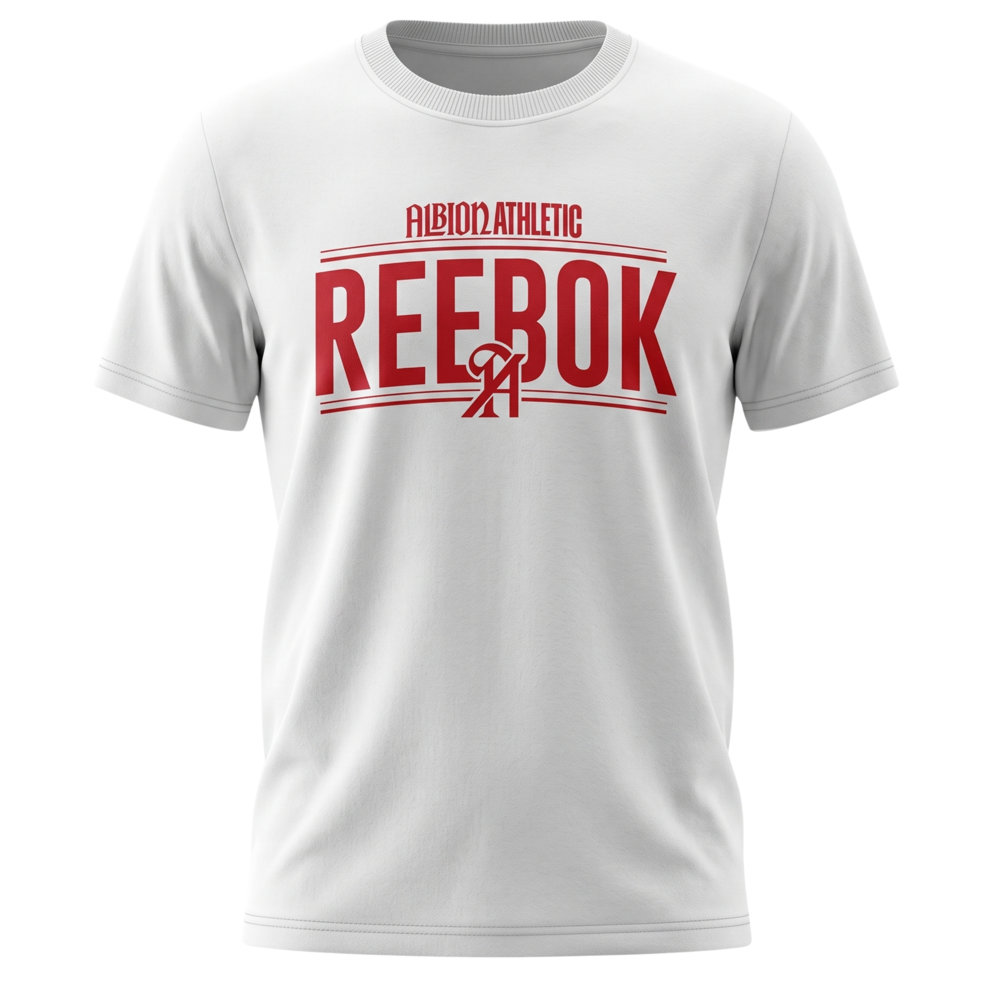 White Reebok Athletic T-shirt with red logo and lettering on the chest