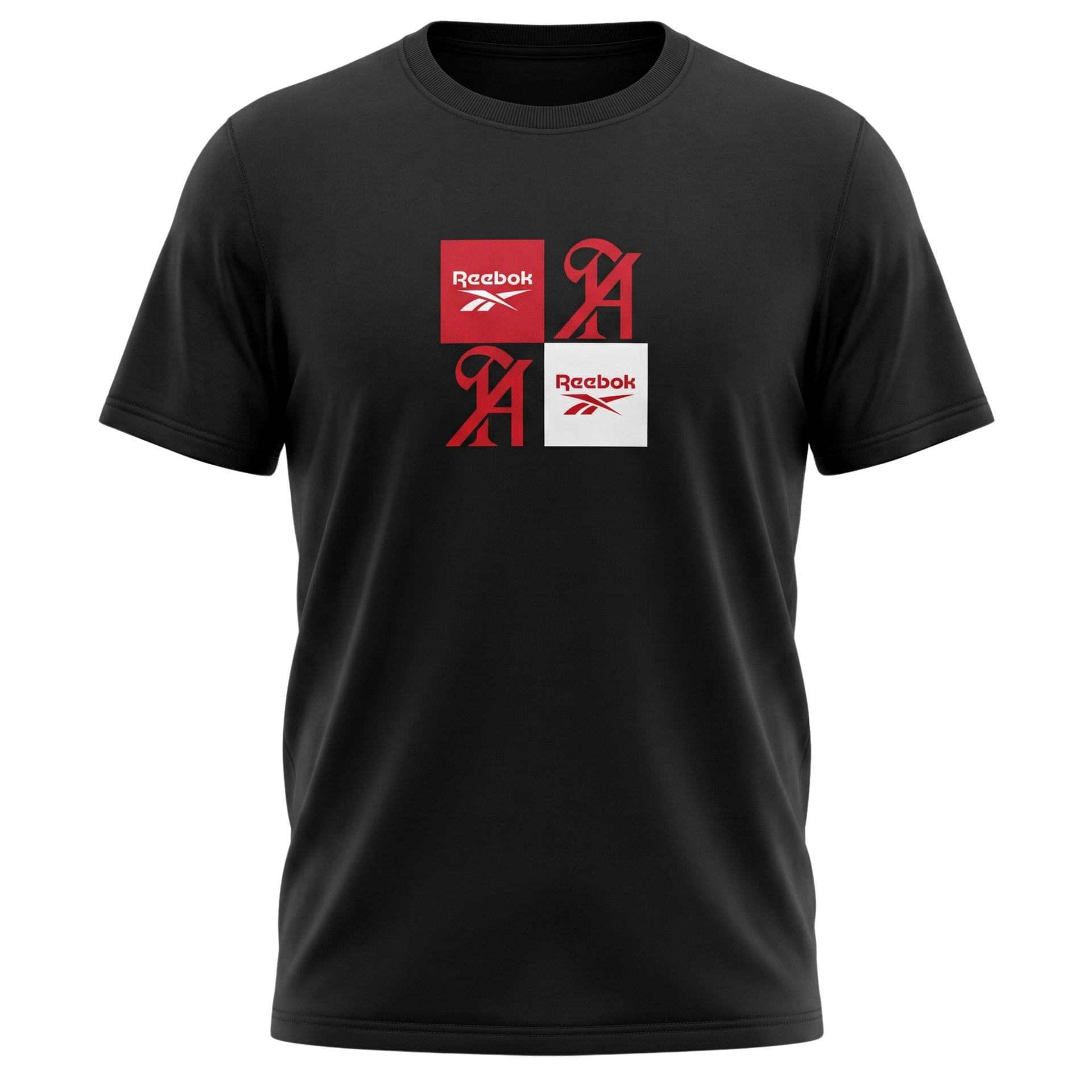 Black T-shirt with a centered red and white geometric logo print