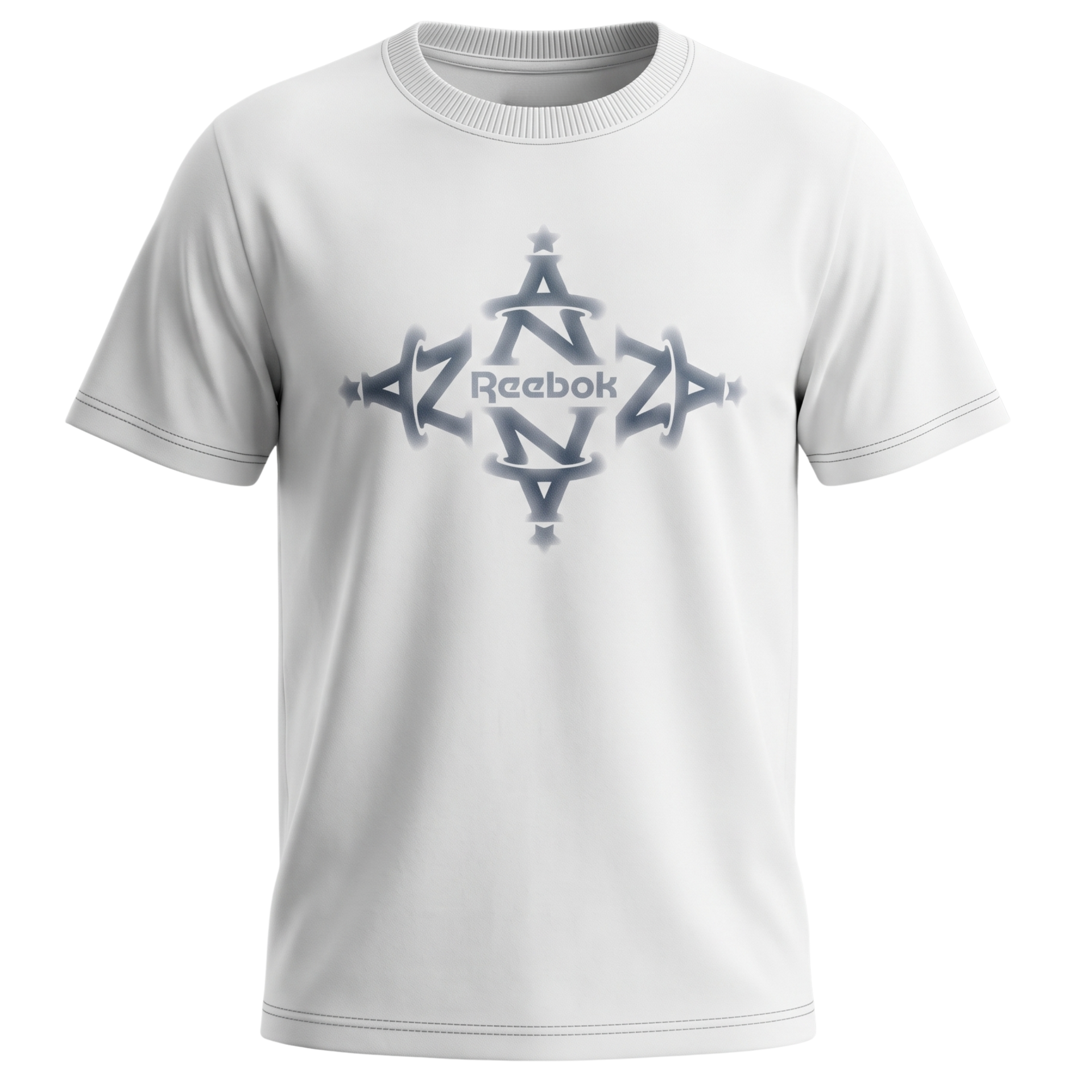 White T-shirt with a gray Reebok logo and star-like graphic centered on the chest