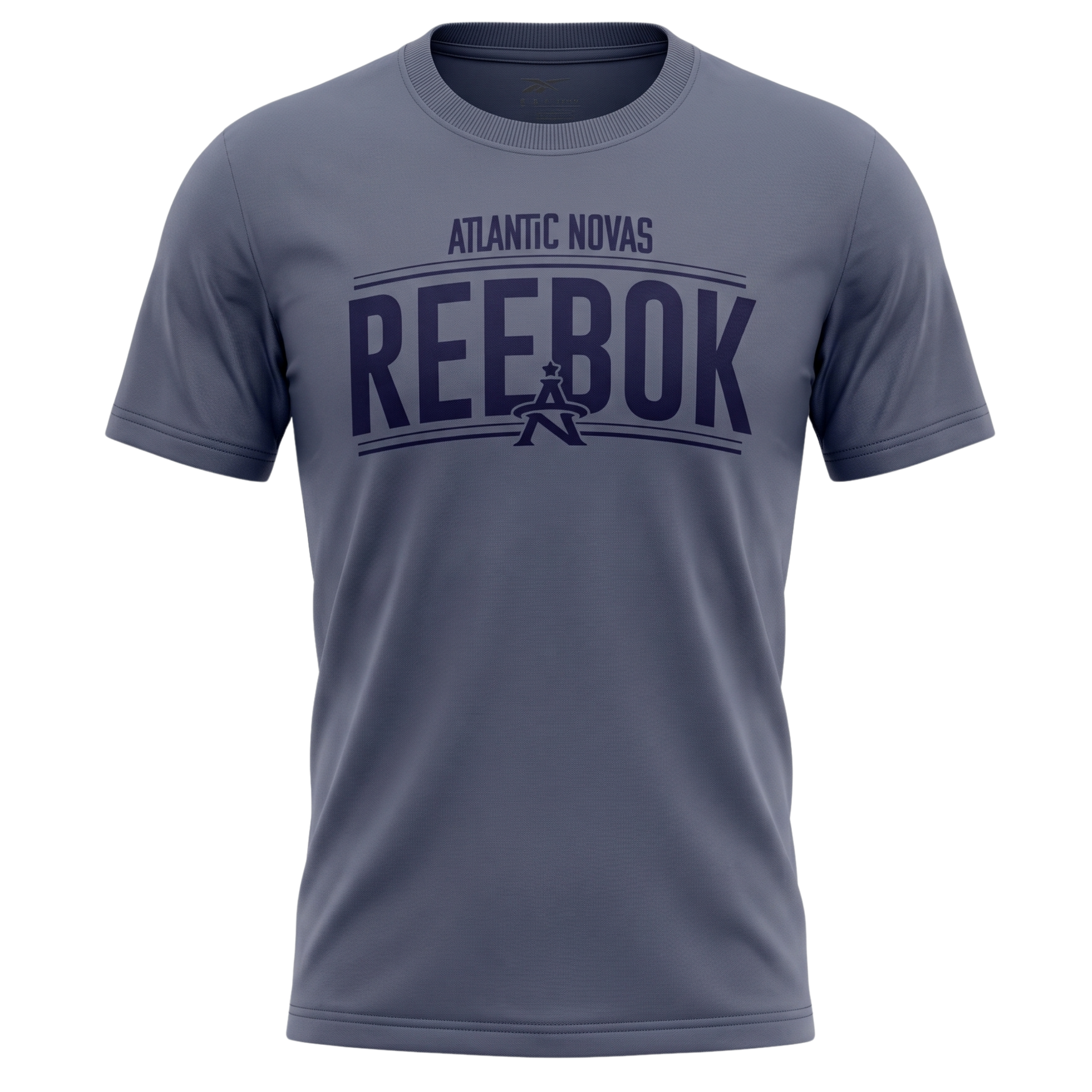 Gray Reebok Atlantic Novas T-shirt with navy lettering on a white background