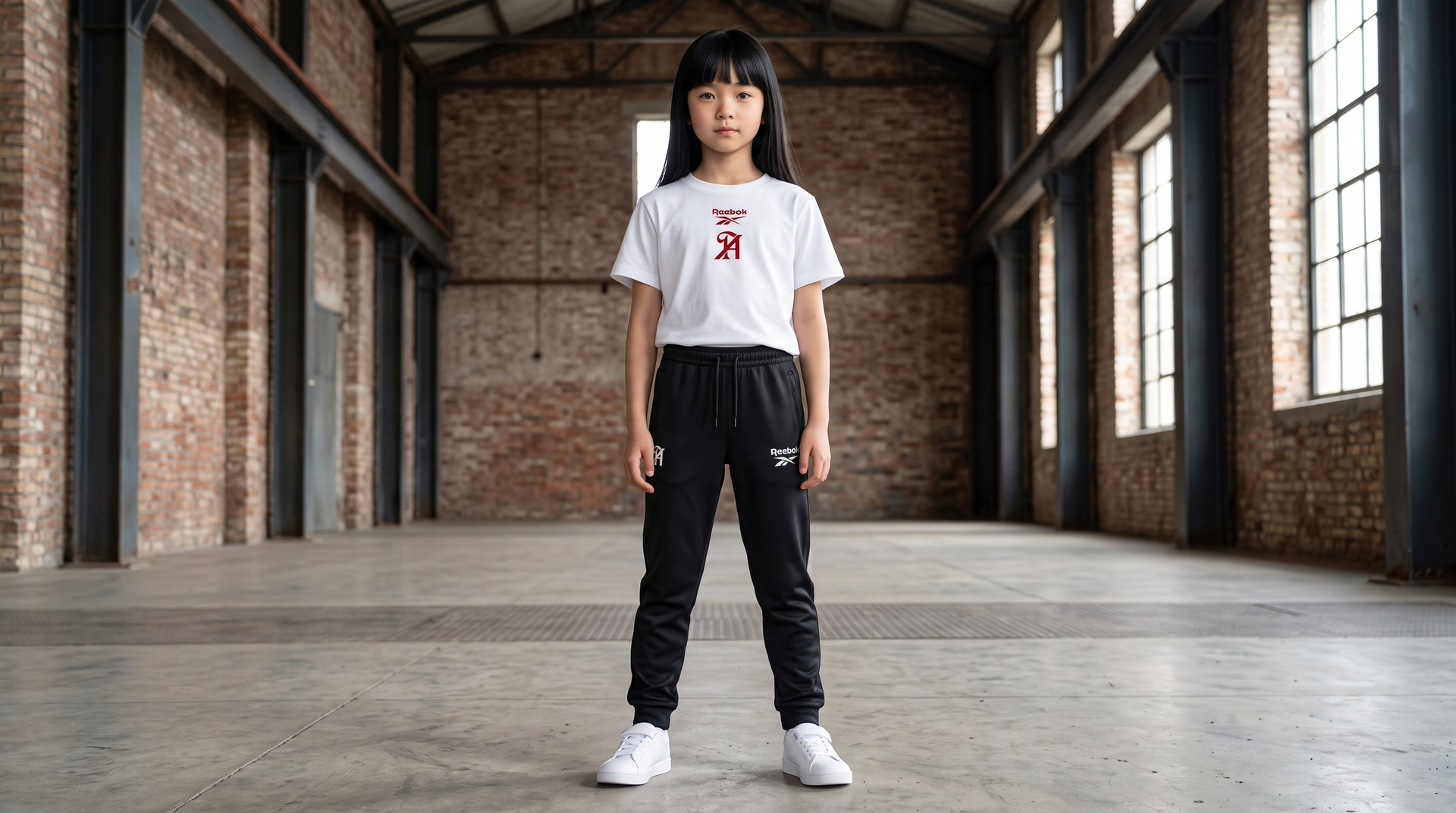 Person standing in a large brick warehouse, wearing a white T-shirt, black pants, and white sneakers.