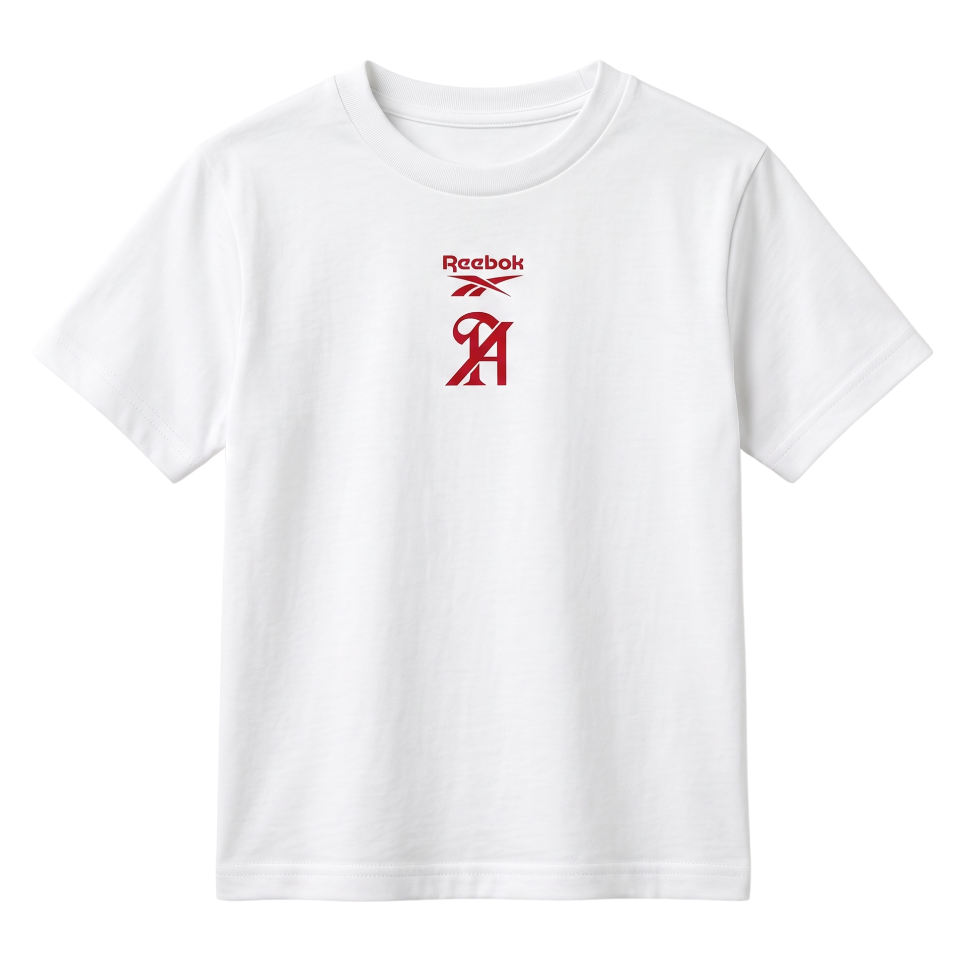 White T-shirt with a small red logo centered on the chest