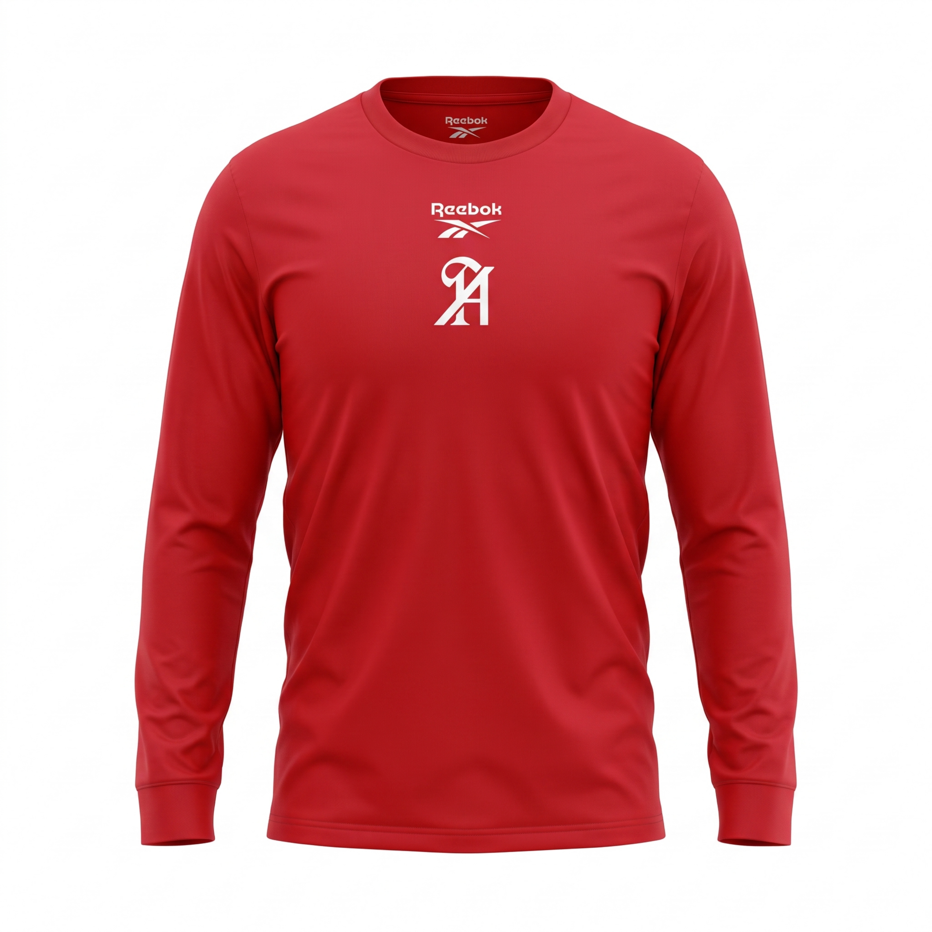 Red long-sleeve athletic shirt with a small white logo on the chest, shown front view on a white background