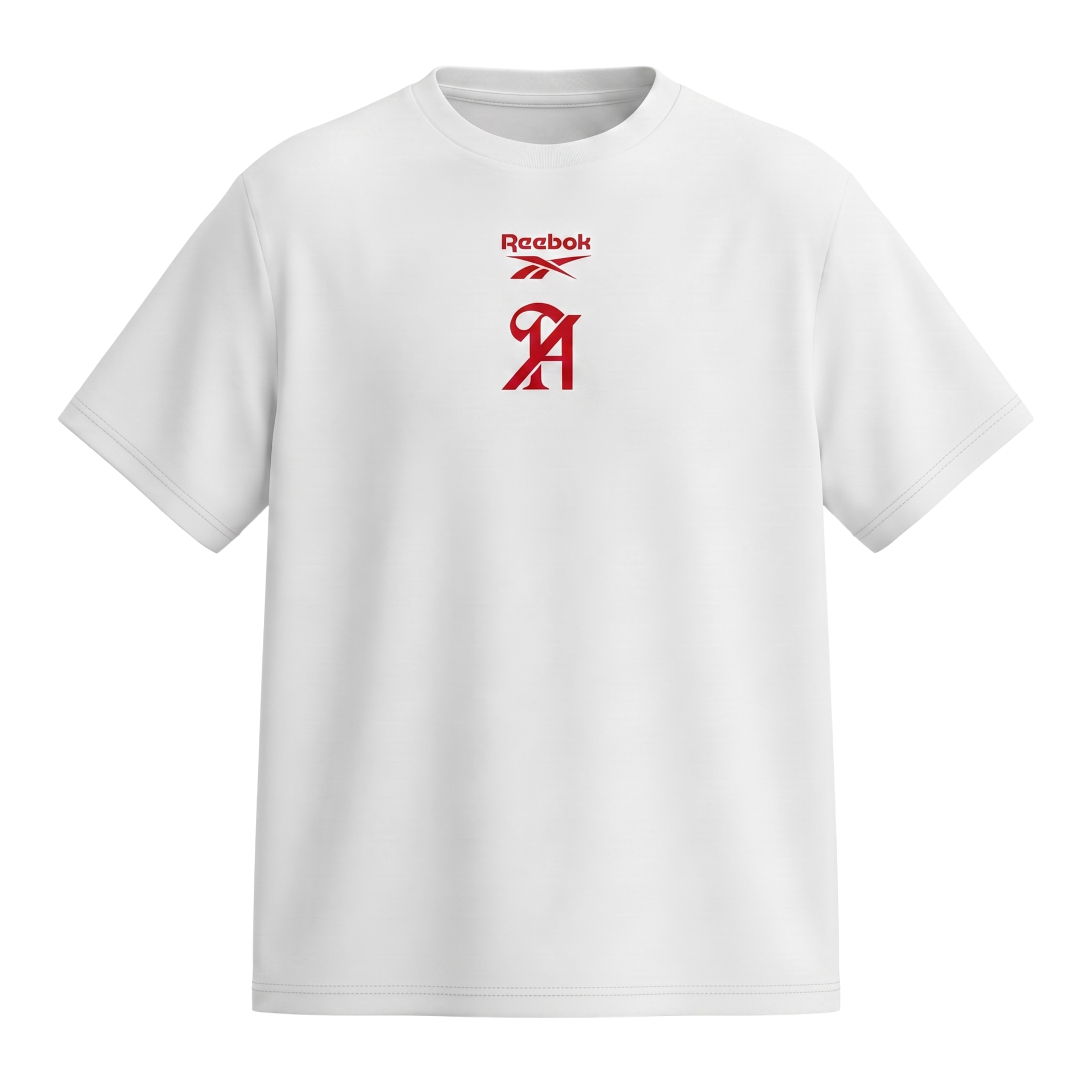 White Reebok T-shirt with small red logo centered on the chest