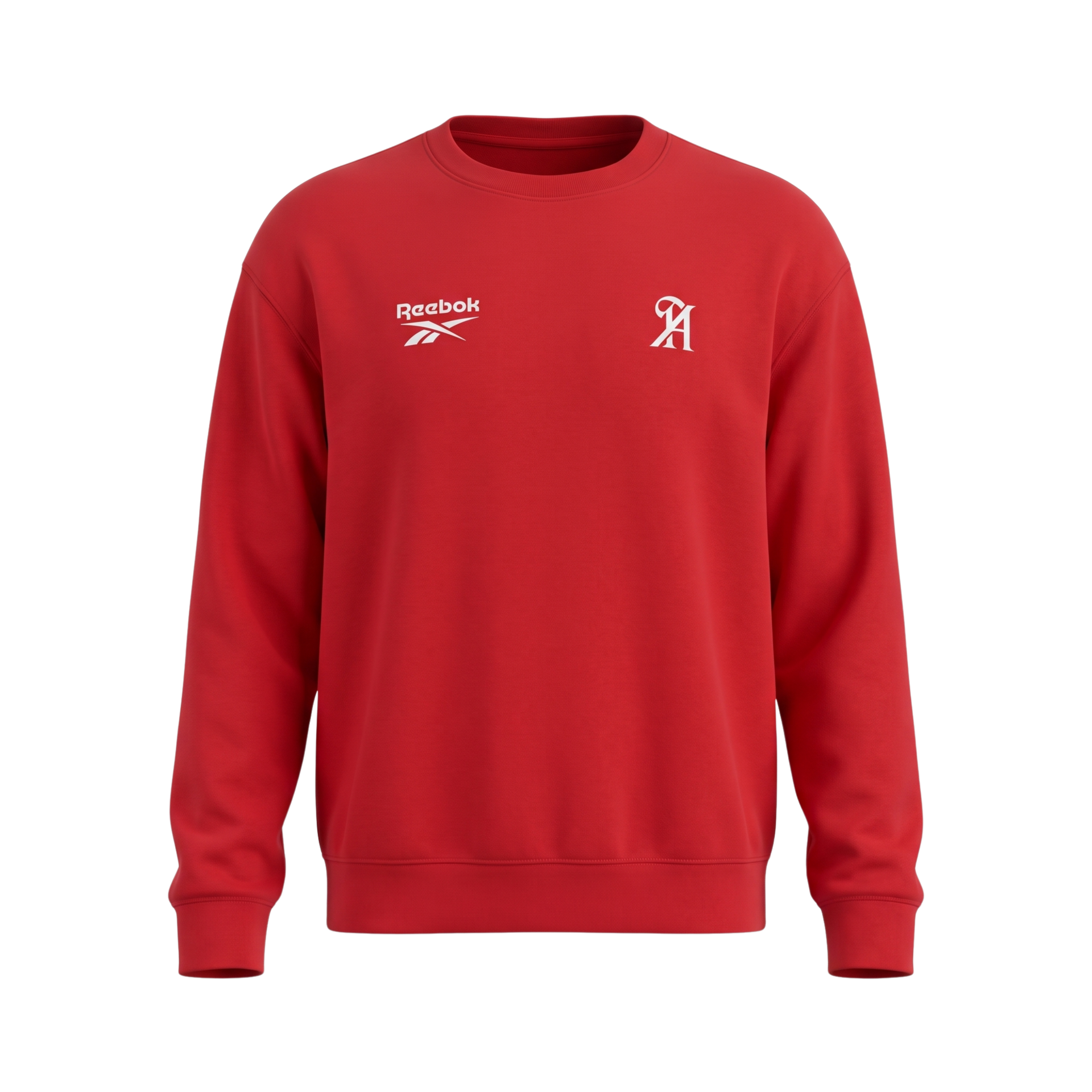 Red crewneck sweatshirt with long sleeves and small white chest logos