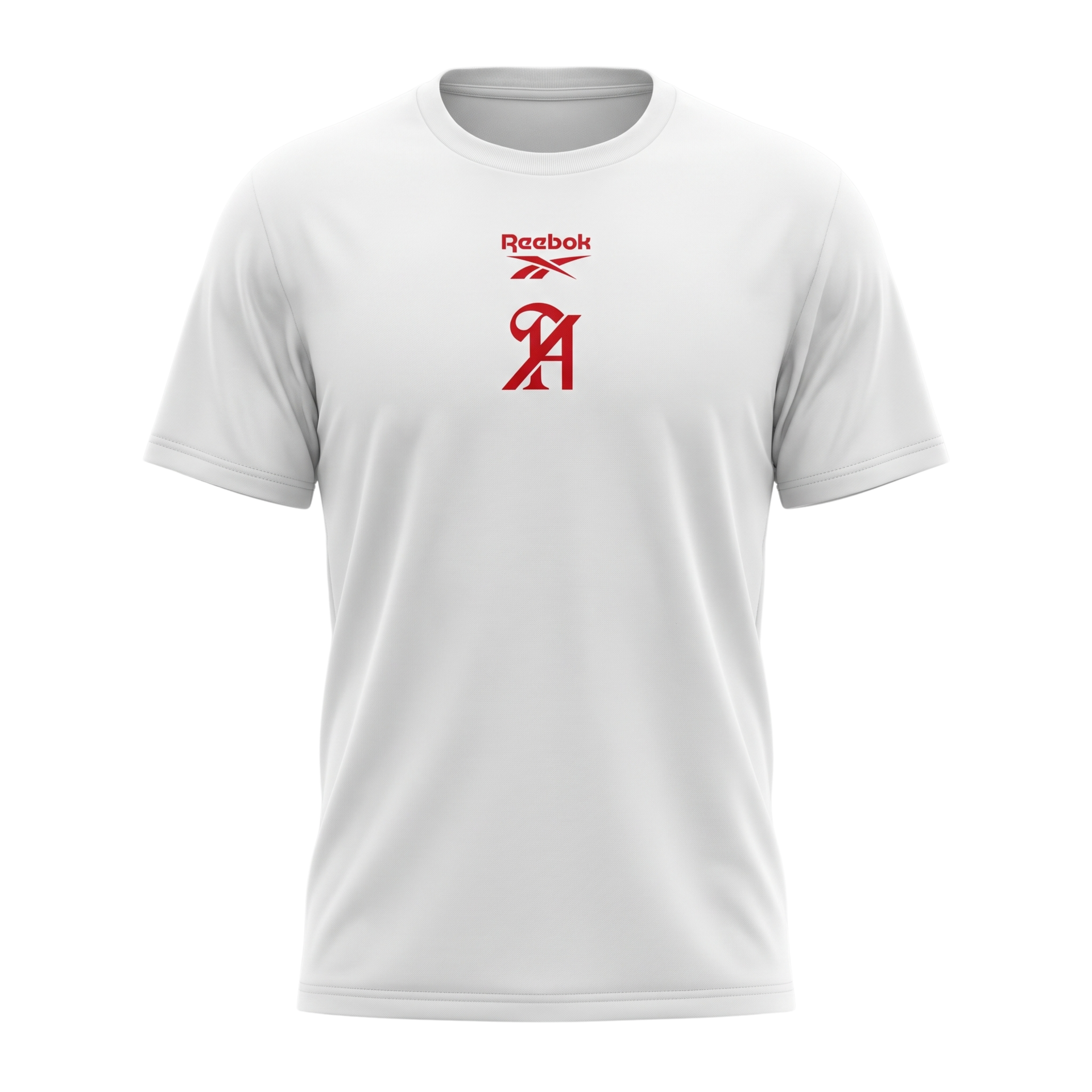 White Reebok T-shirt with a red logo and stylized “R” on the chest