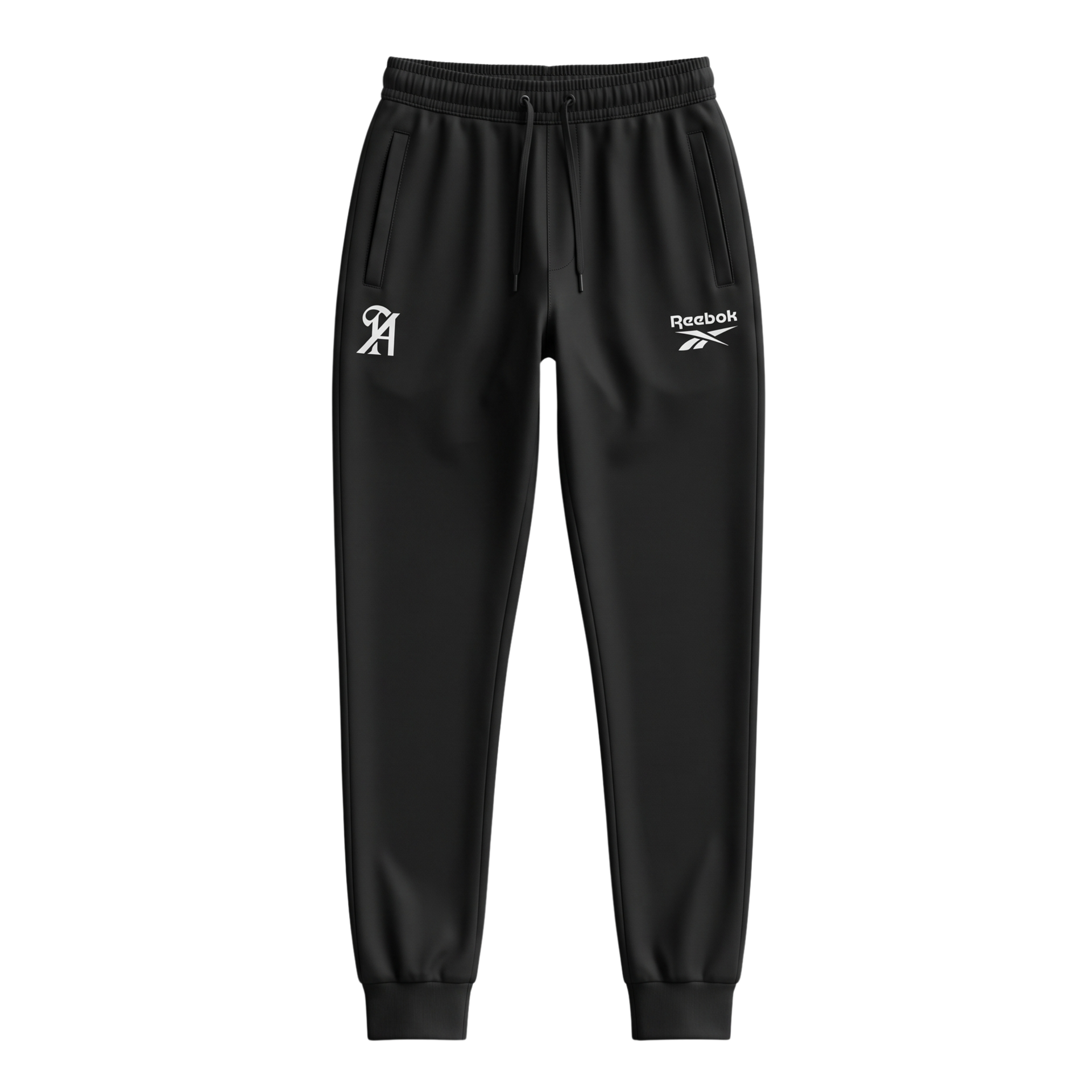 Black jogger pants with white drawstring and small white logos on the thighs.