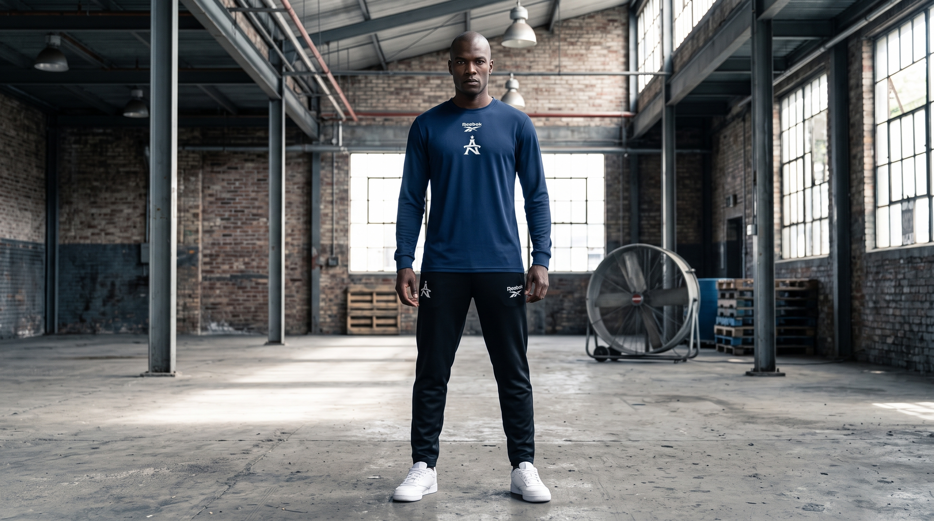 Man standing in a warehouse gym, wearing a blue hoodie, black pants, and white sneakers, facing forward