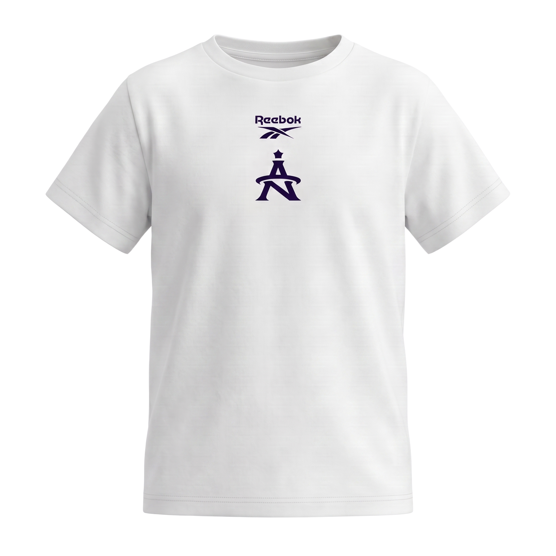 White Reebok T-shirt with purple logo and stylized athlete graphic on the chest