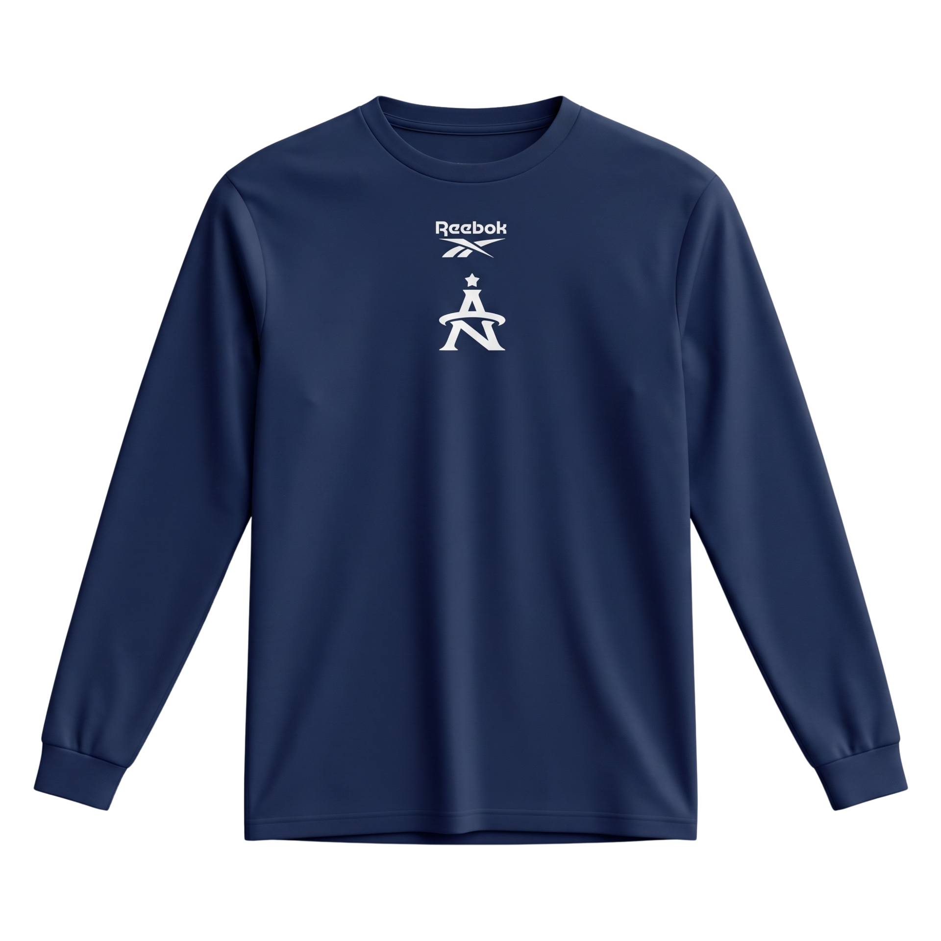 Navy long-sleeve Reebok shirt with a small white logo on the chest