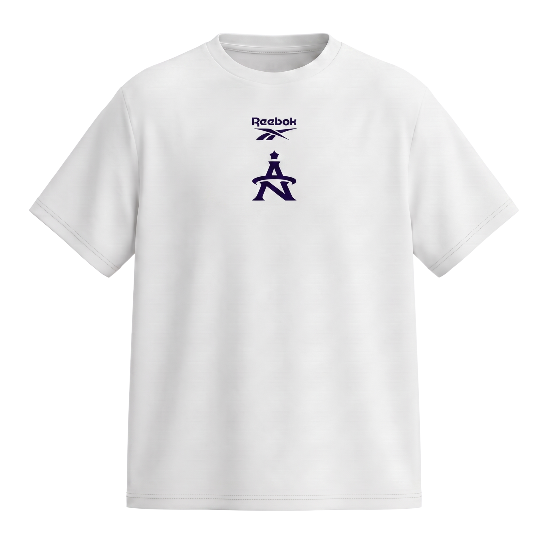 White T-shirt with small navy Reebok and LA Lakers logos on the chest