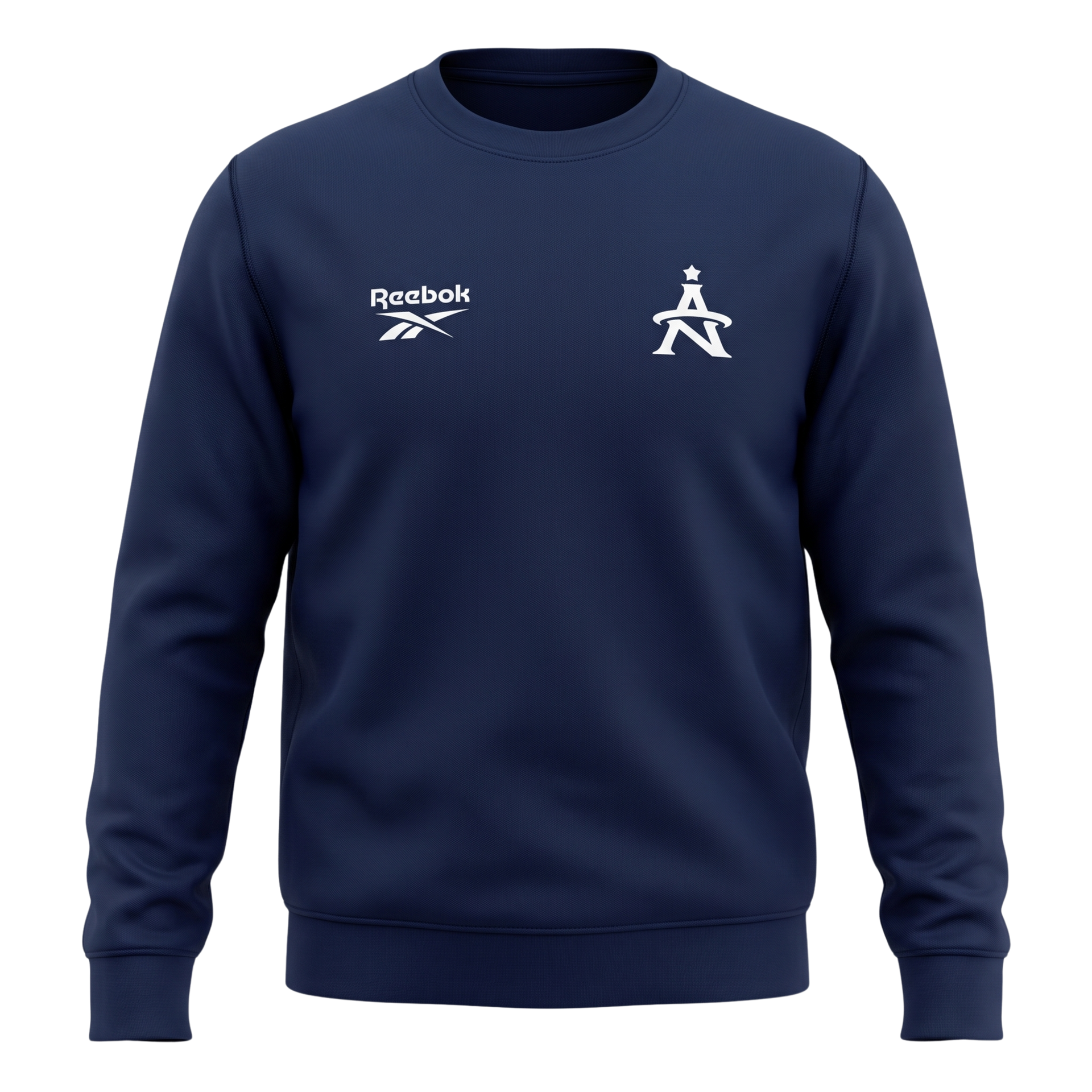Navy blue Reebok sweatshirt with white logos on the chest
