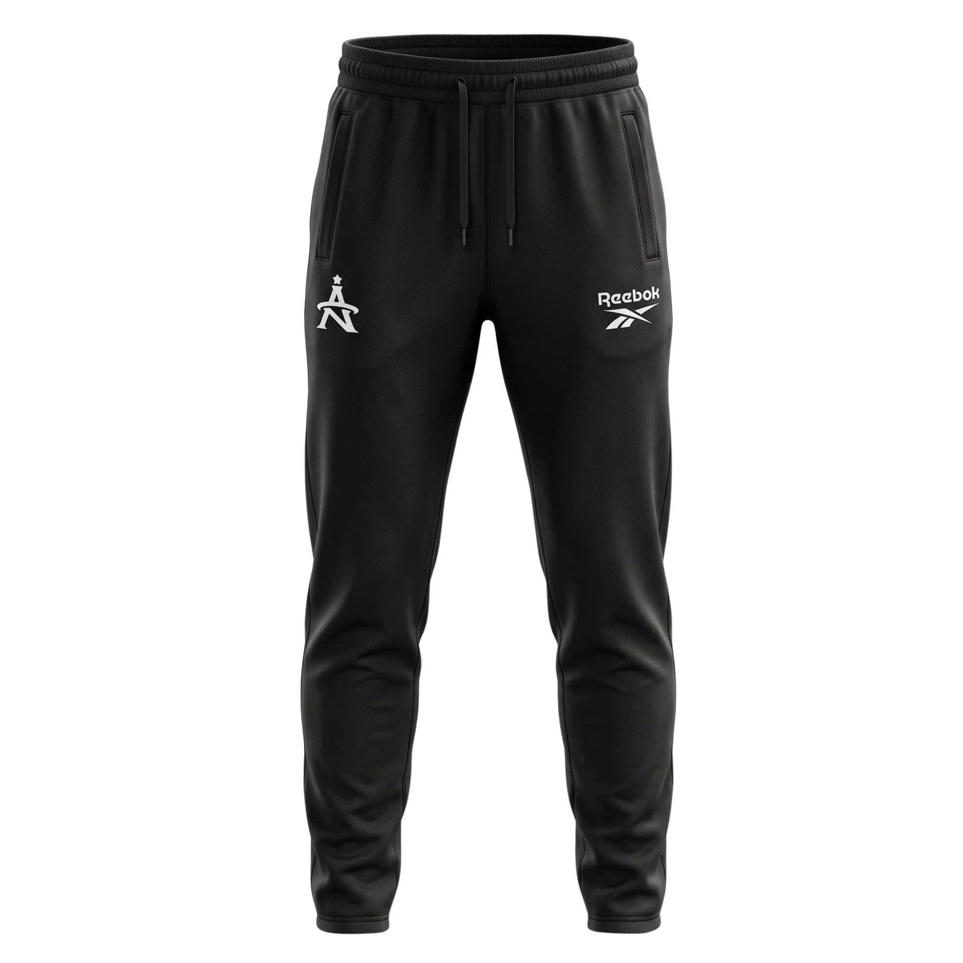 Black jogger pants with white logo details and drawstring waist on a white background