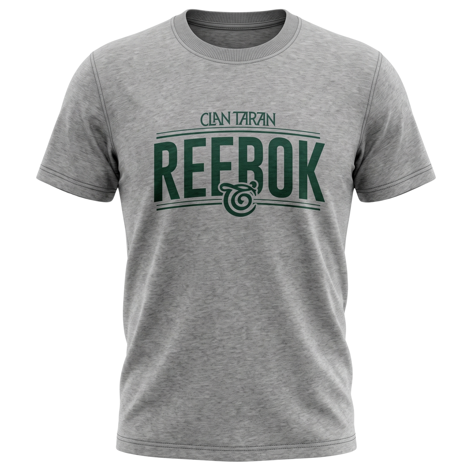 Gray Reebok T-shirt with green vintage-style logo on the front, shown against a white background