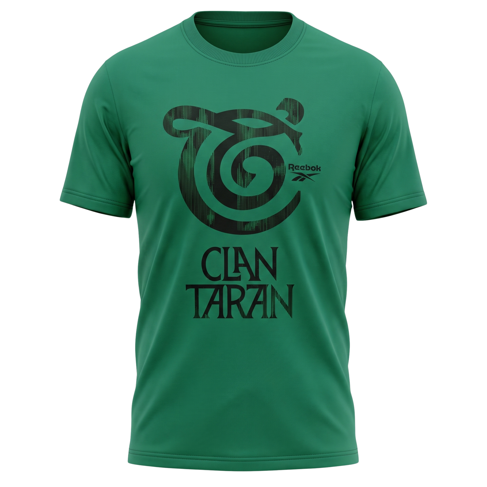 Green T-shirt with black “Clan Tarzan” graphic logo on the chest