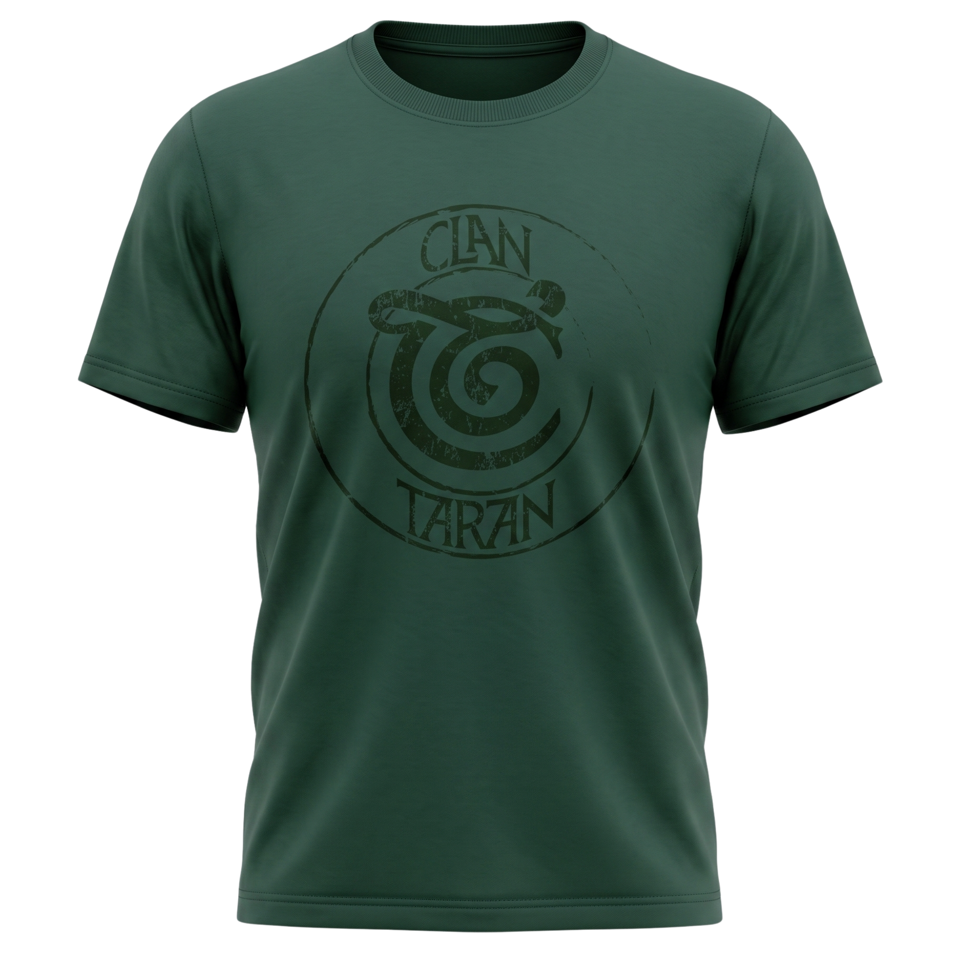 Dark green T-shirt with a circular Clan Taran logo on the chest