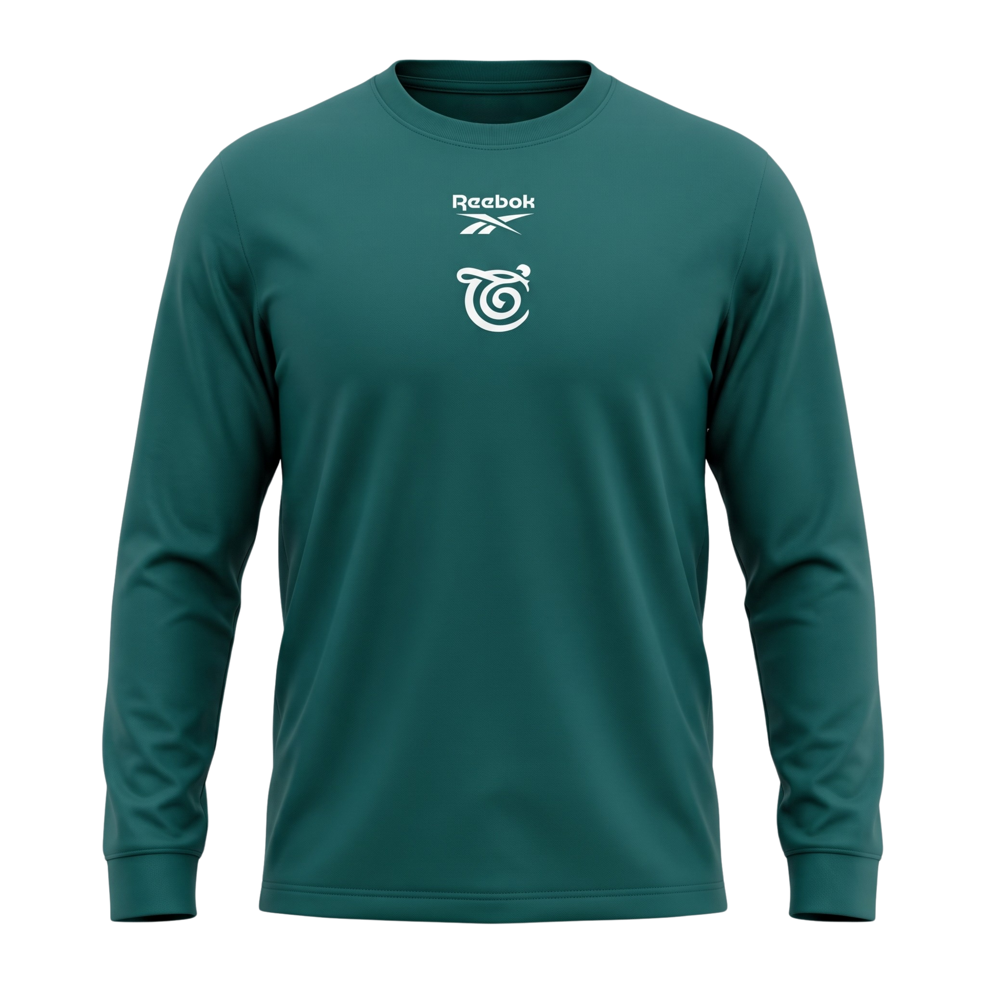 Teal long-sleeve Reebok shirt with white chest logo on a plain background