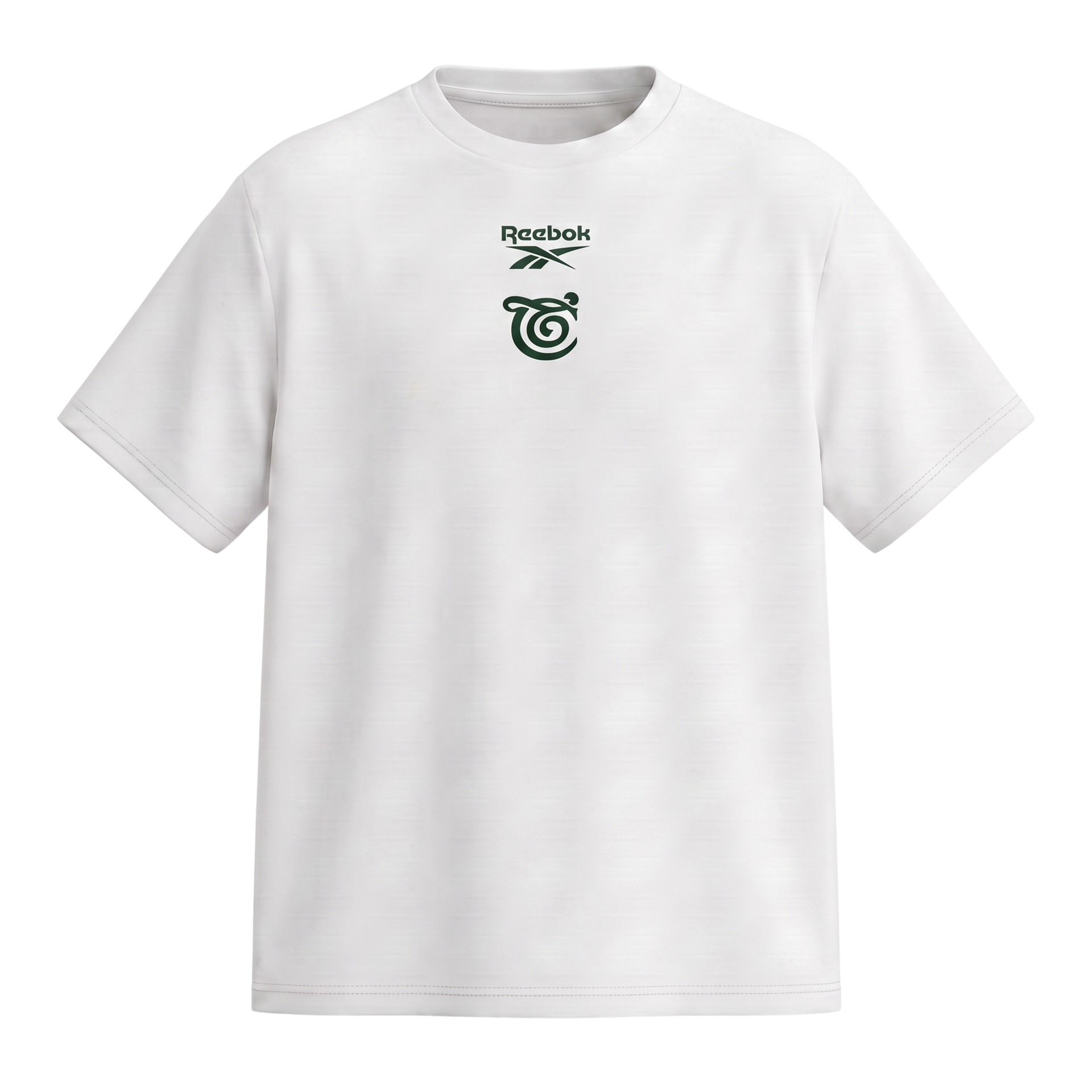 White Reebok T-shirt with small green logo centered on the chest
