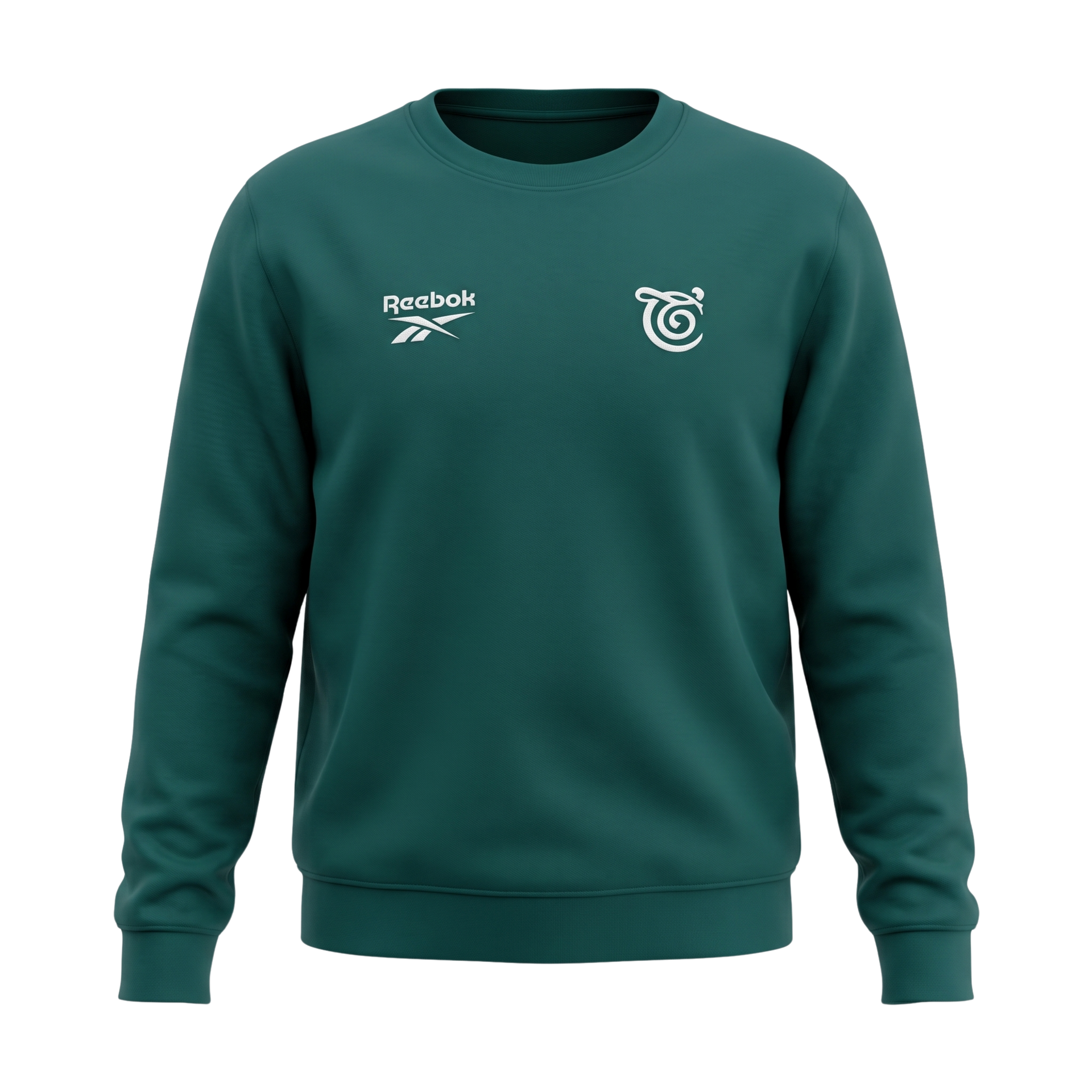 Green long-sleeve sweatshirt with small white logos on the chest