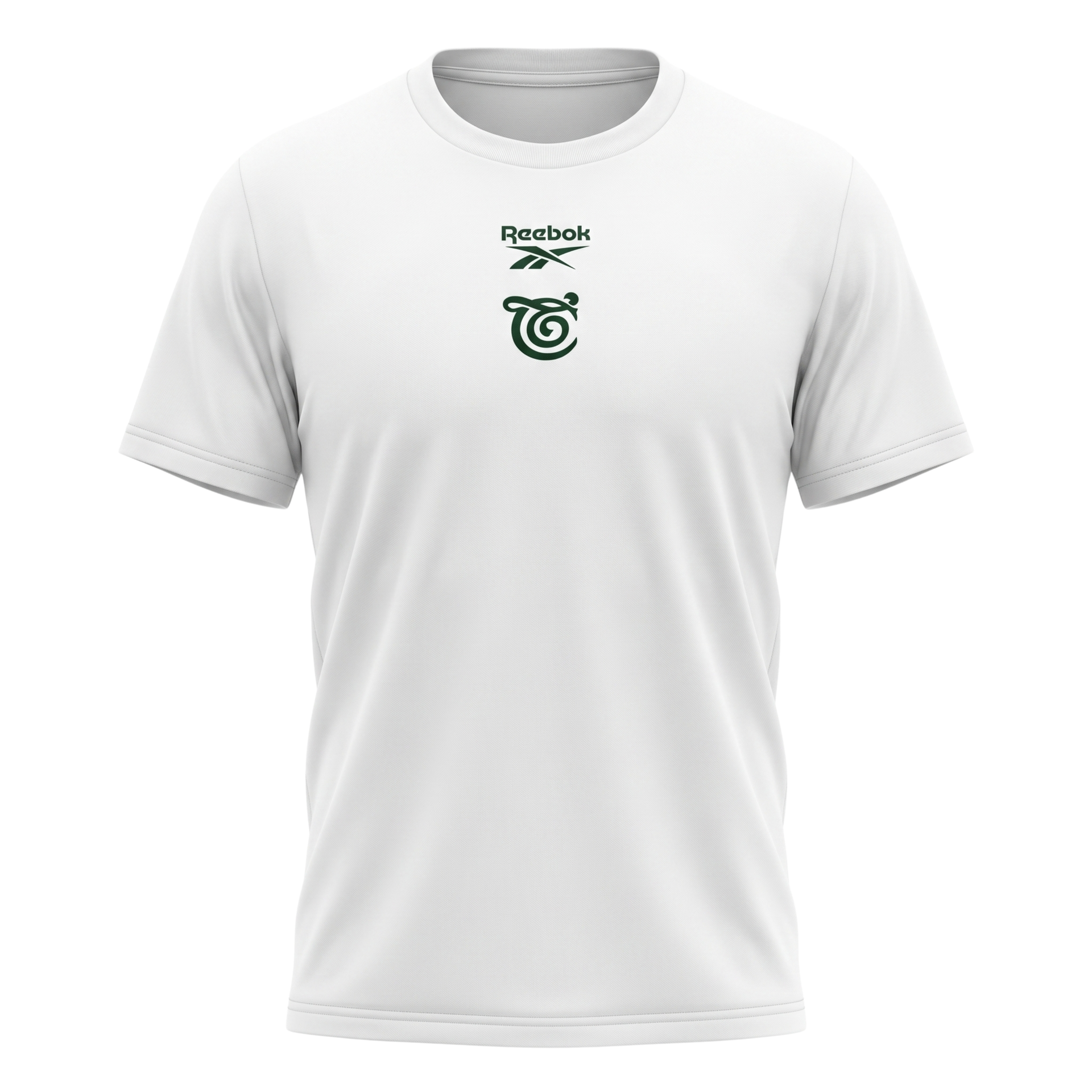 White Reebok T-shirt with green logo centered on chest, shown front view
