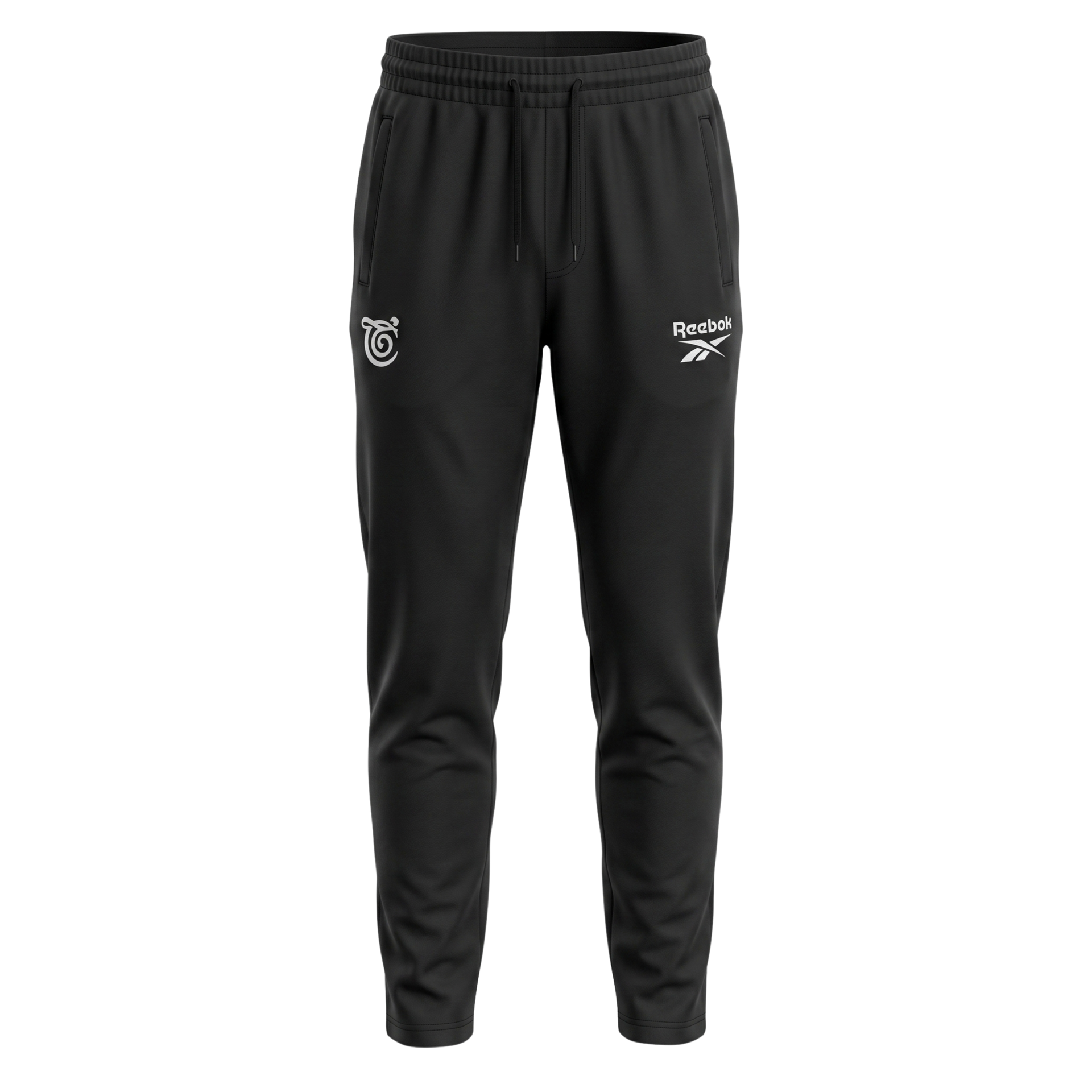Black jogger pants with white logos on the thighs, shown front view.
