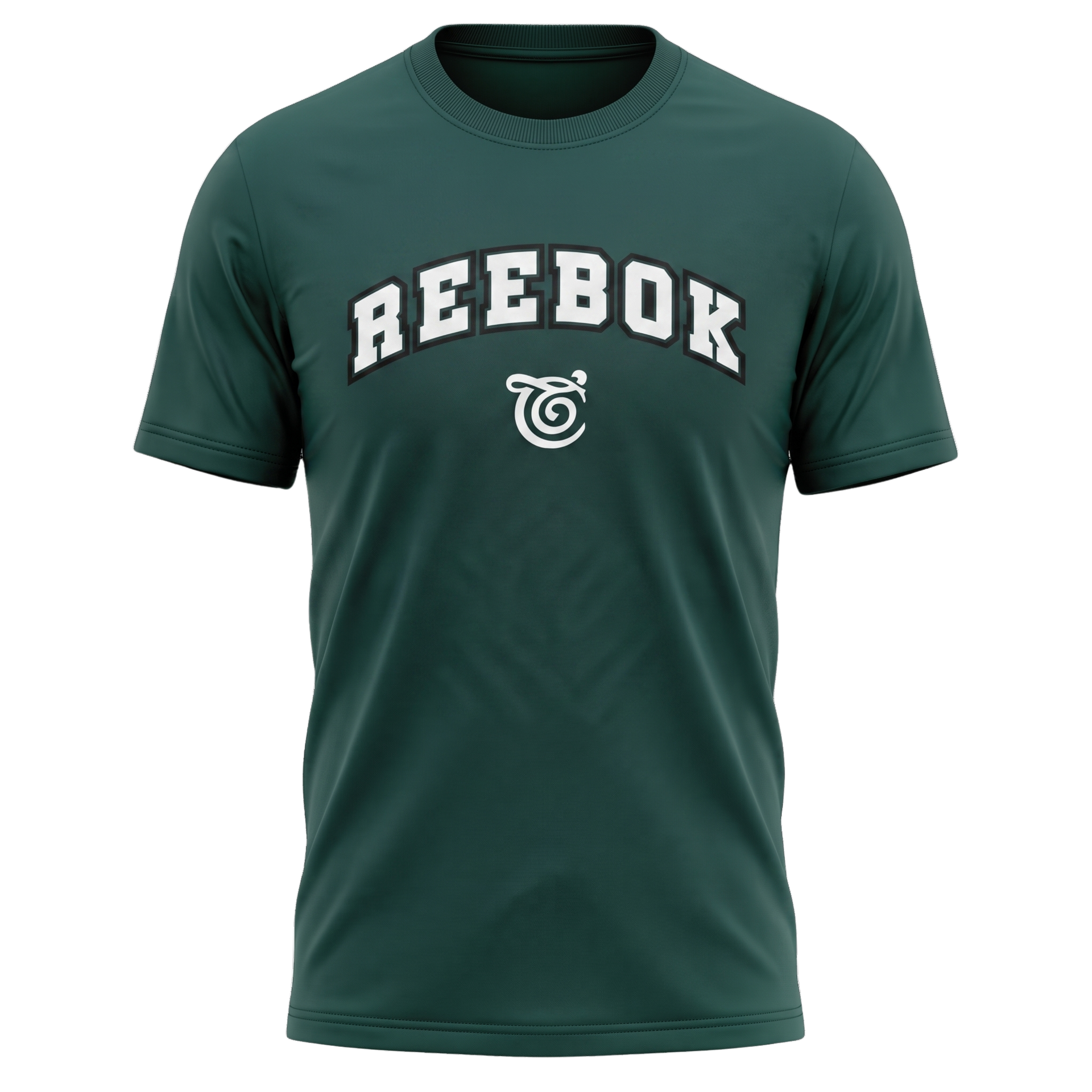 Dark green Reebok T-shirt with white logo, front view