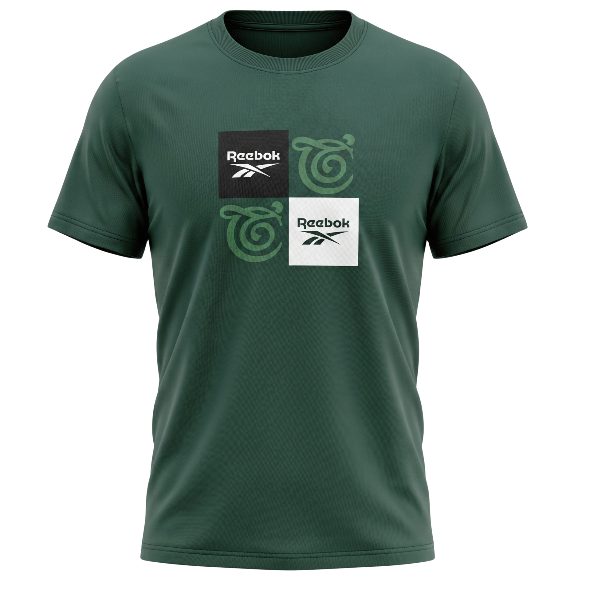Dark green T-shirt with a black-and-white Reebok logo graphic on the chest