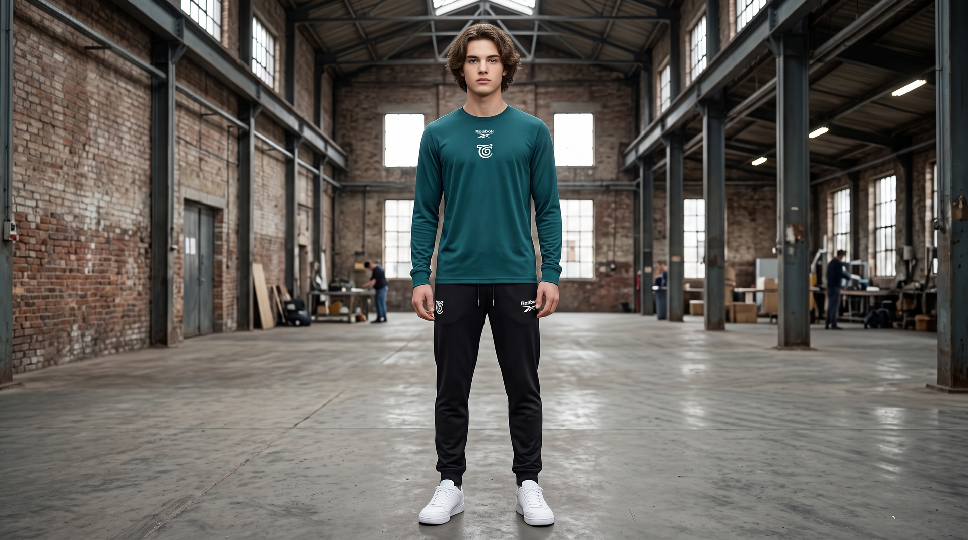 Person standing in a large industrial warehouse, wearing a teal shirt, black pants, and white sneakers.