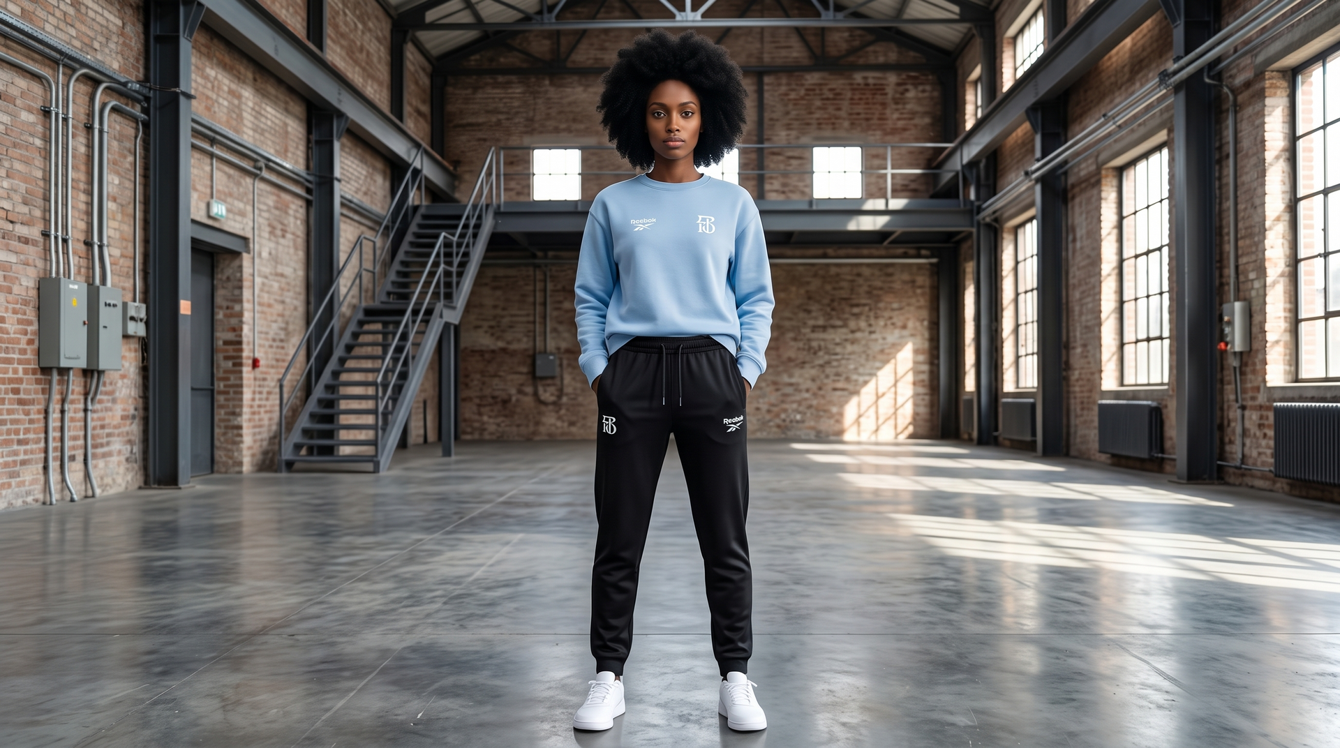 Person standing in an industrial loft with large windows, wearing a blue sweater, black pants, and white sneakers