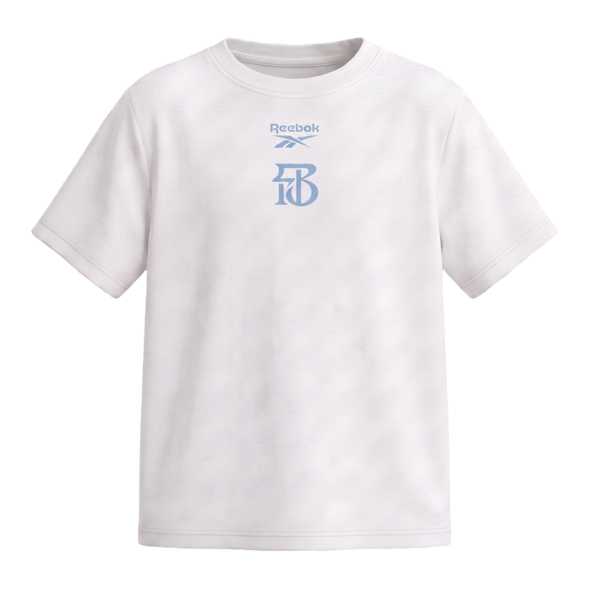 White T-shirt with a small blue logo on the chest, laid flat on a white background