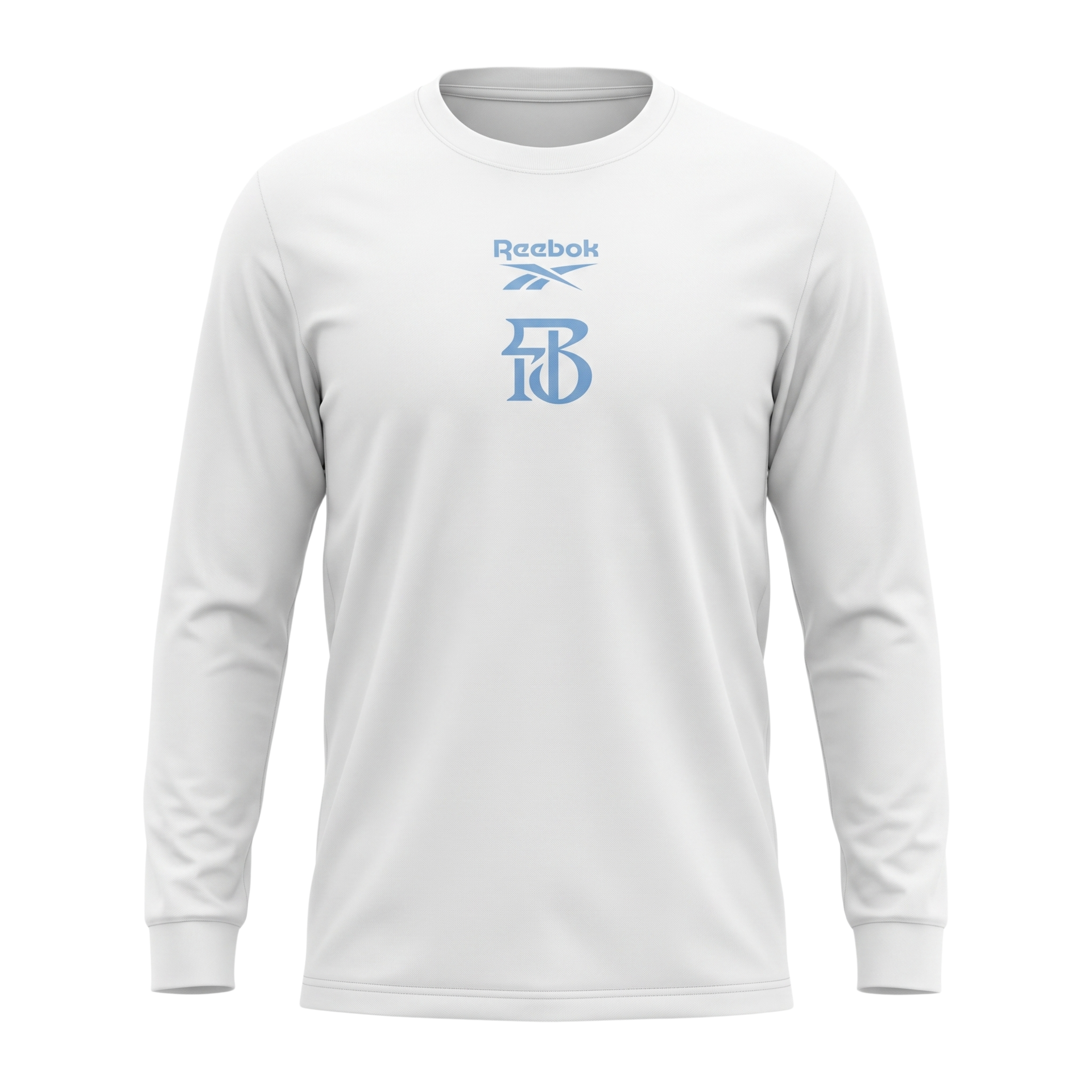 White long-sleeve Reebok shirt with blue logo on the chest