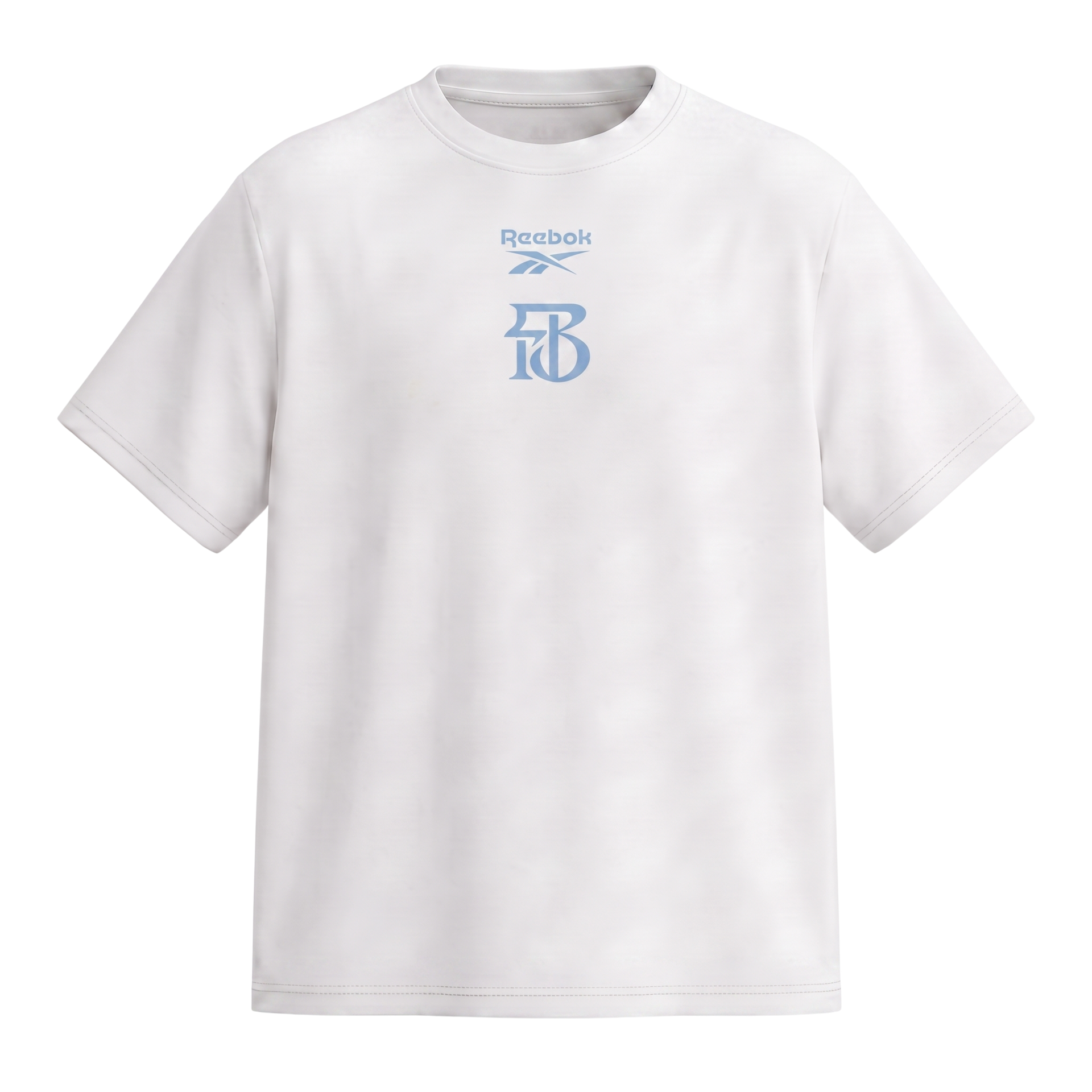 White T-shirt with a small blue graphic logo centered on the chest.
