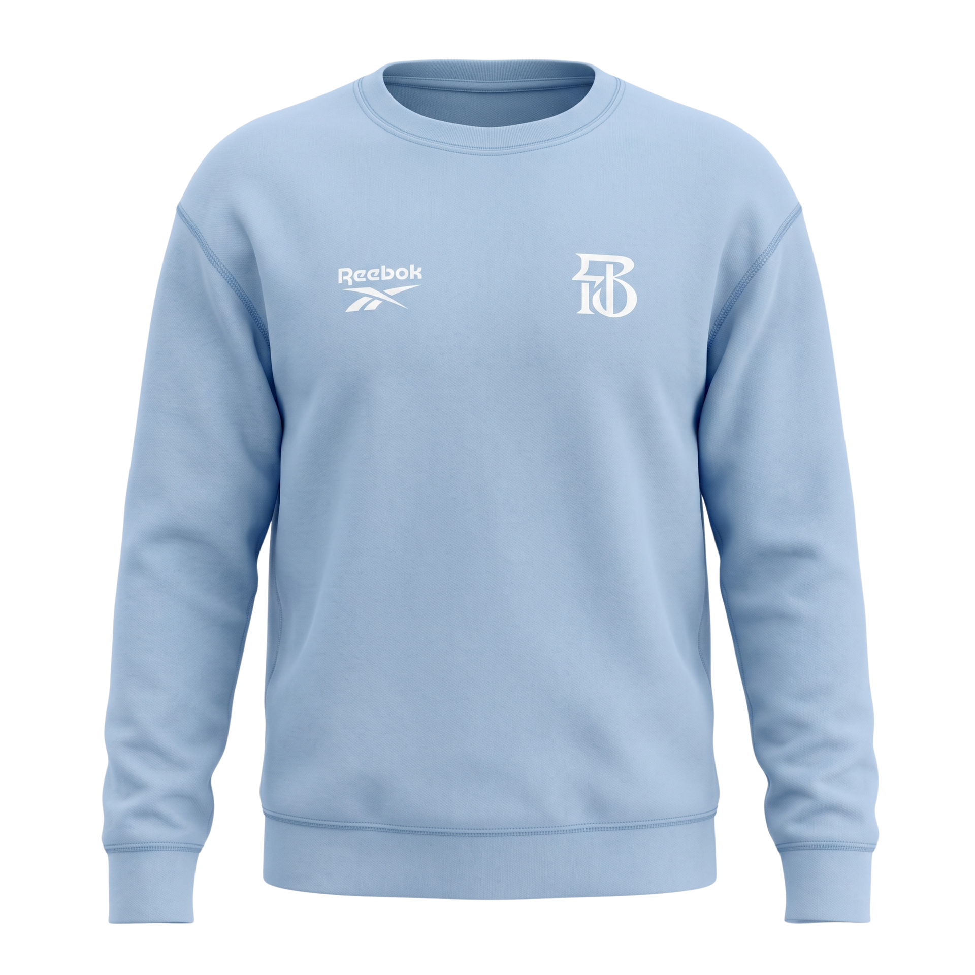 Light blue Reebok crewneck sweatshirt with white logos on the chest, shown front view.