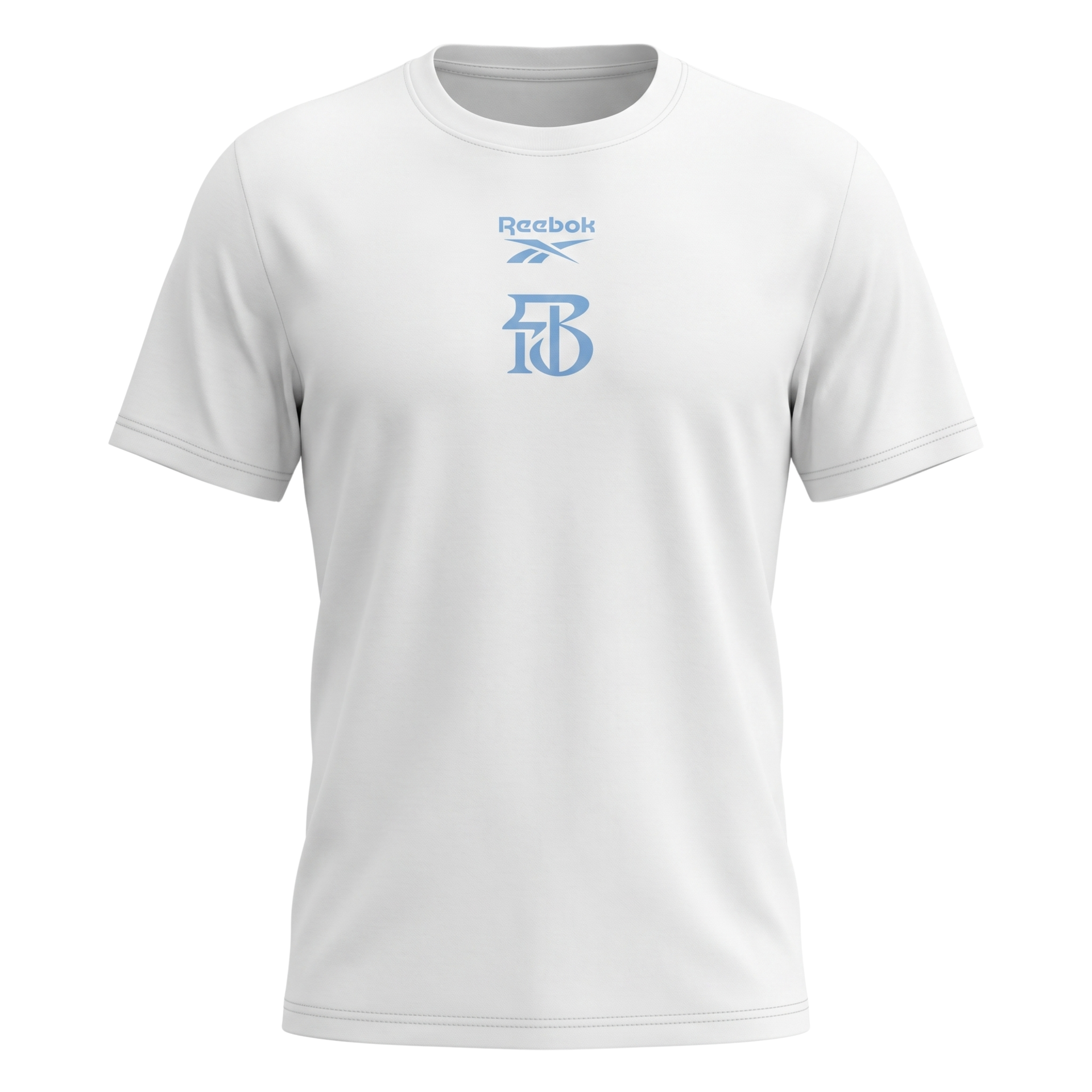 White T-shirt with a small blue logo printed at the center chest