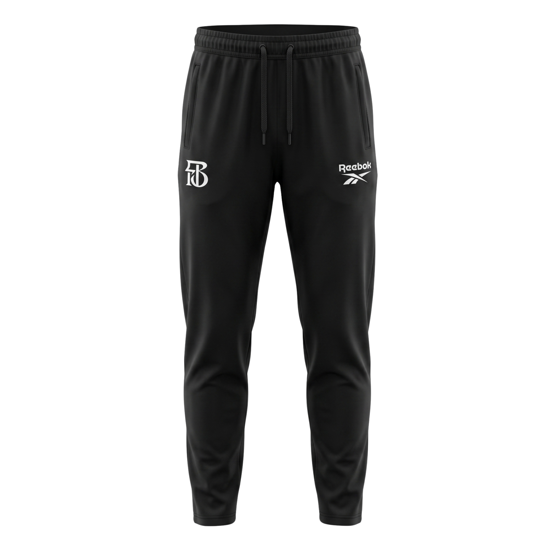 Black jogger pants with drawstring waist and small white logos on the thighs.