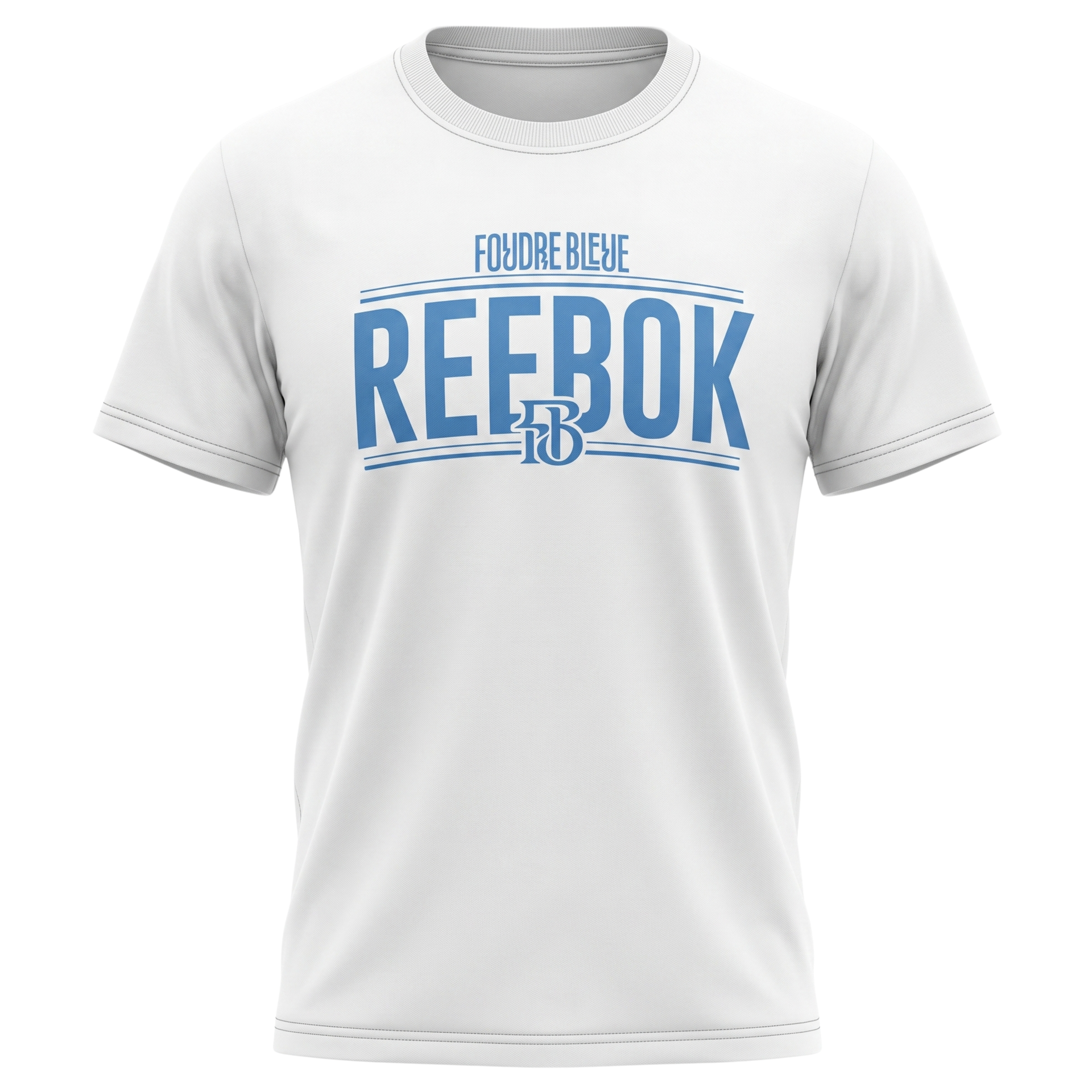 White Reebok graphic T-shirt with blue logo and “Future Never” text