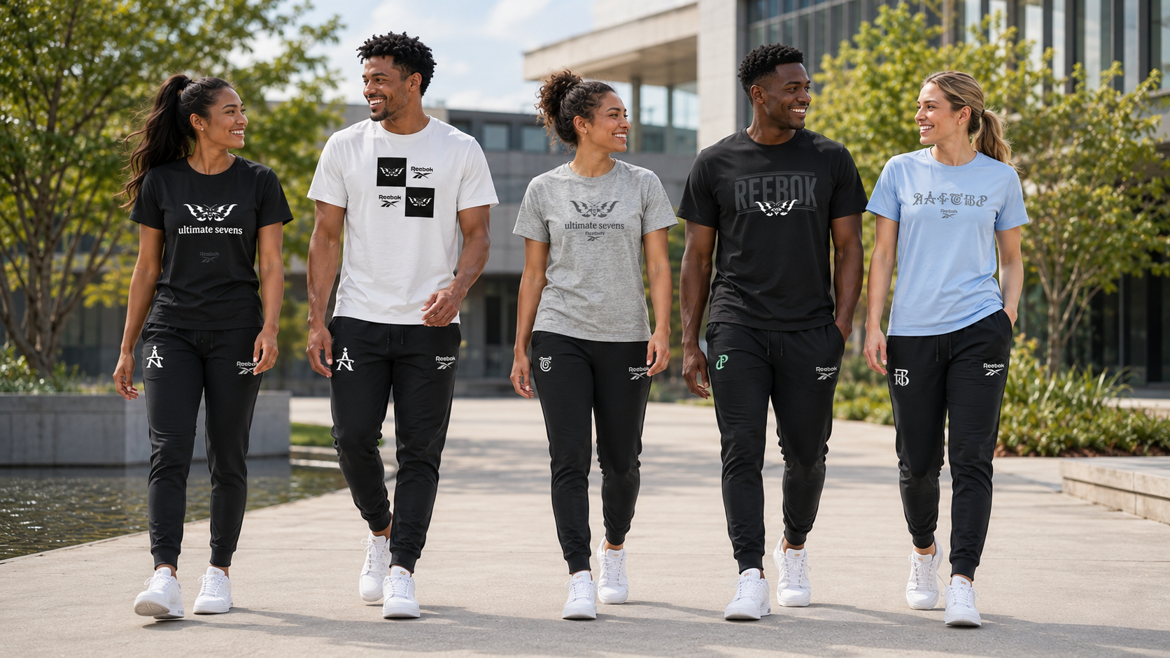 Five people walking outdoors in casual black, white, and gray T-shirts on a campus path.